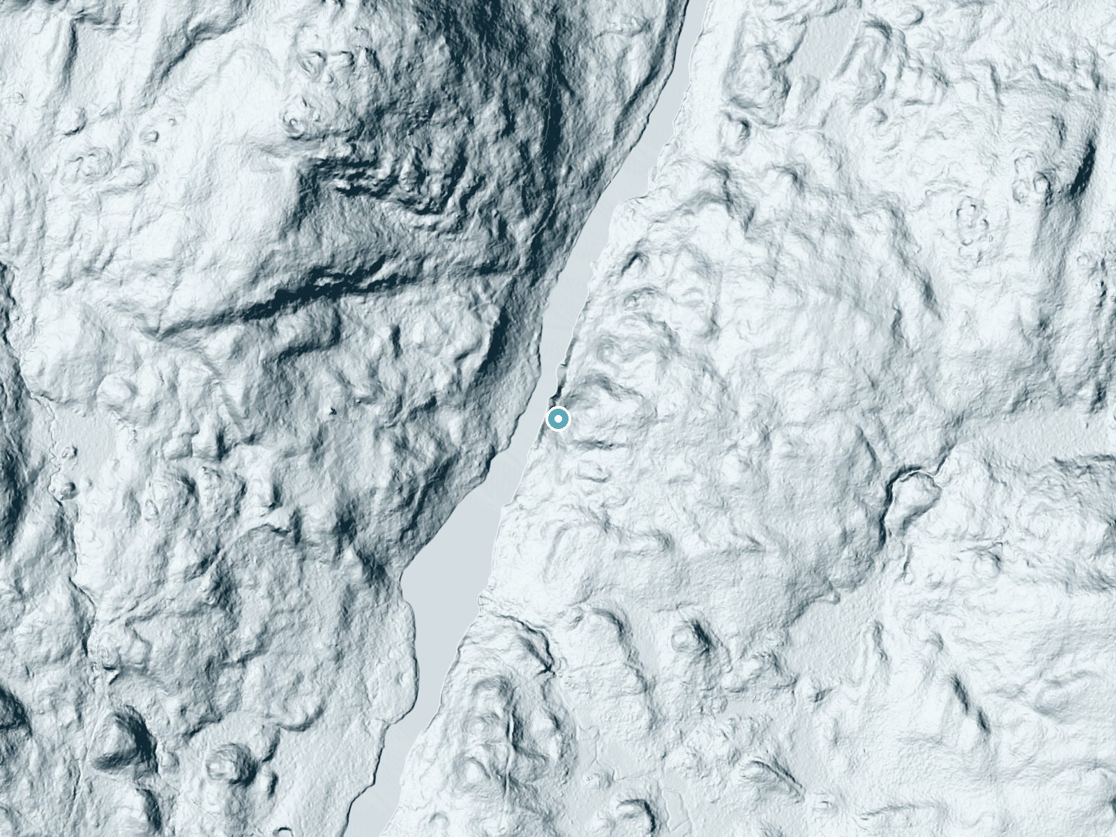 LiDAR bare-earth terrain around Ord Falls near North Creek, New York, showing about 129 feet of drop, a steep tiered drop, facing west