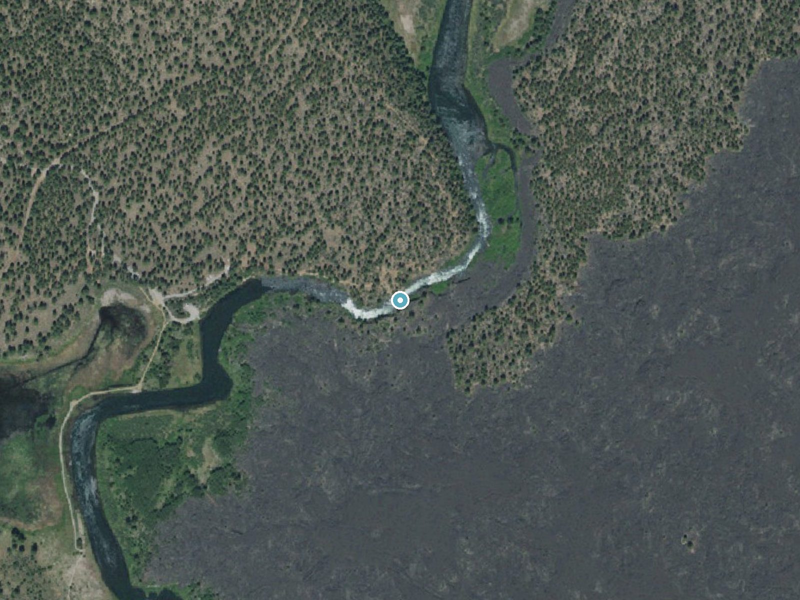 Aerial photo of the same ground around Dillon Falls near Seventh Mountain, Oregon, for comparison with the lidar view