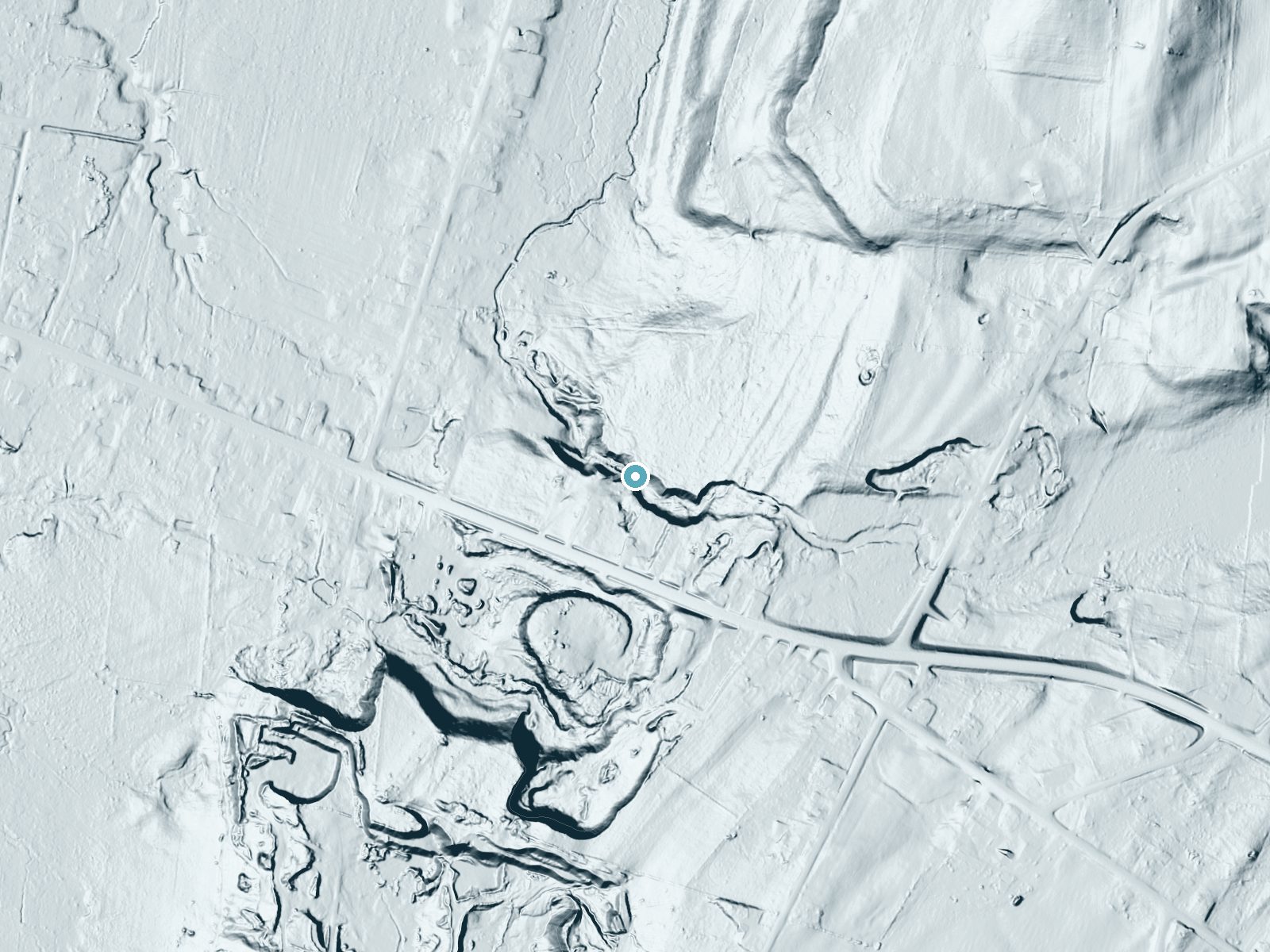 LiDAR bare-earth terrain around Butternut Falls near Watertown, New York, showing about 80 feet of drop, a long cascade, facing northwest