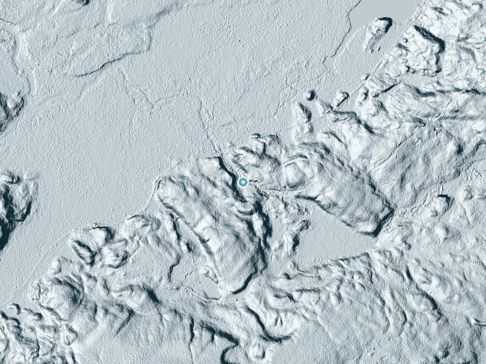 LiDAR bare-earth terrain around Touey Falls near Eagle Bay, New York, showing about 40 feet of drop, a long cascade, facing north