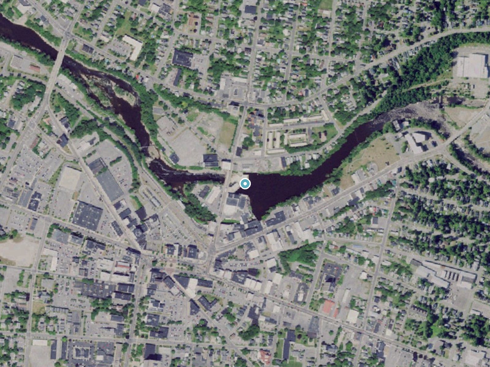 Aerial photo of the same ground around Great Falls near Watertown, New York, for comparison with the lidar view