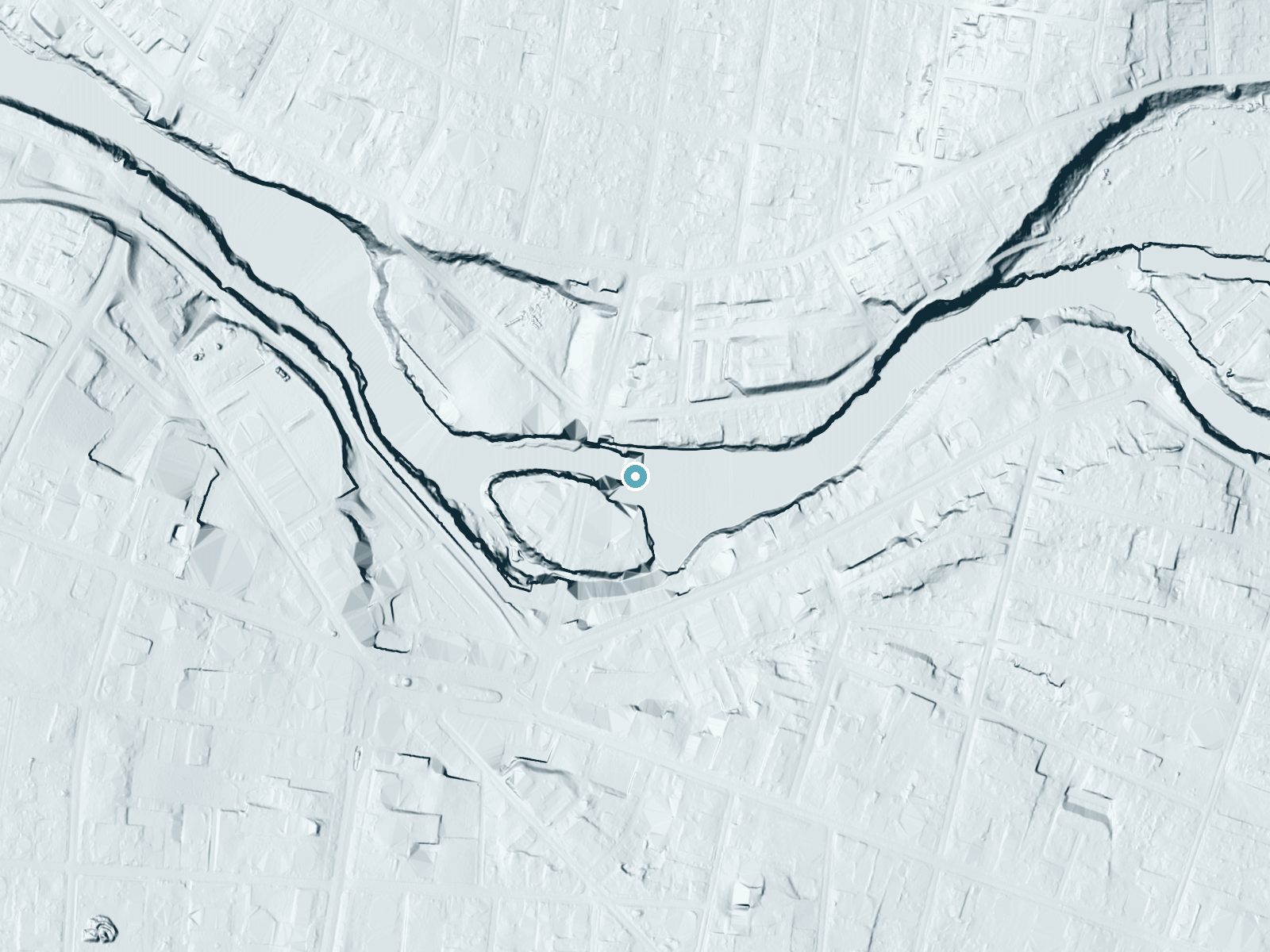 LiDAR bare-earth terrain around Great Falls near Watertown, New York, showing about 55 feet of drop, a long cascade, facing west