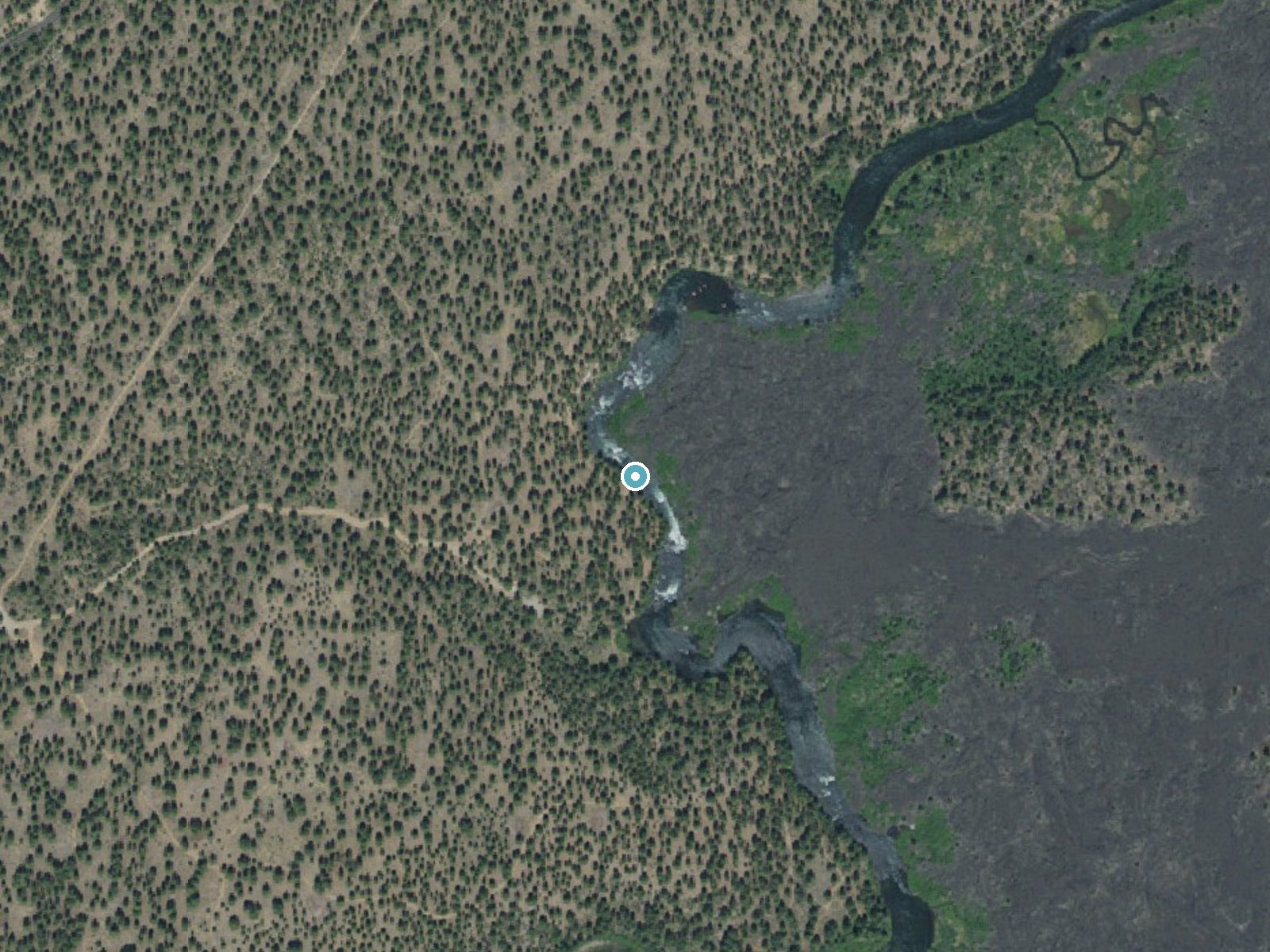 Aerial photo of the same ground around Upper Falls Deschutes River near Seventh Mountain, Oregon, for comparison with the lidar view