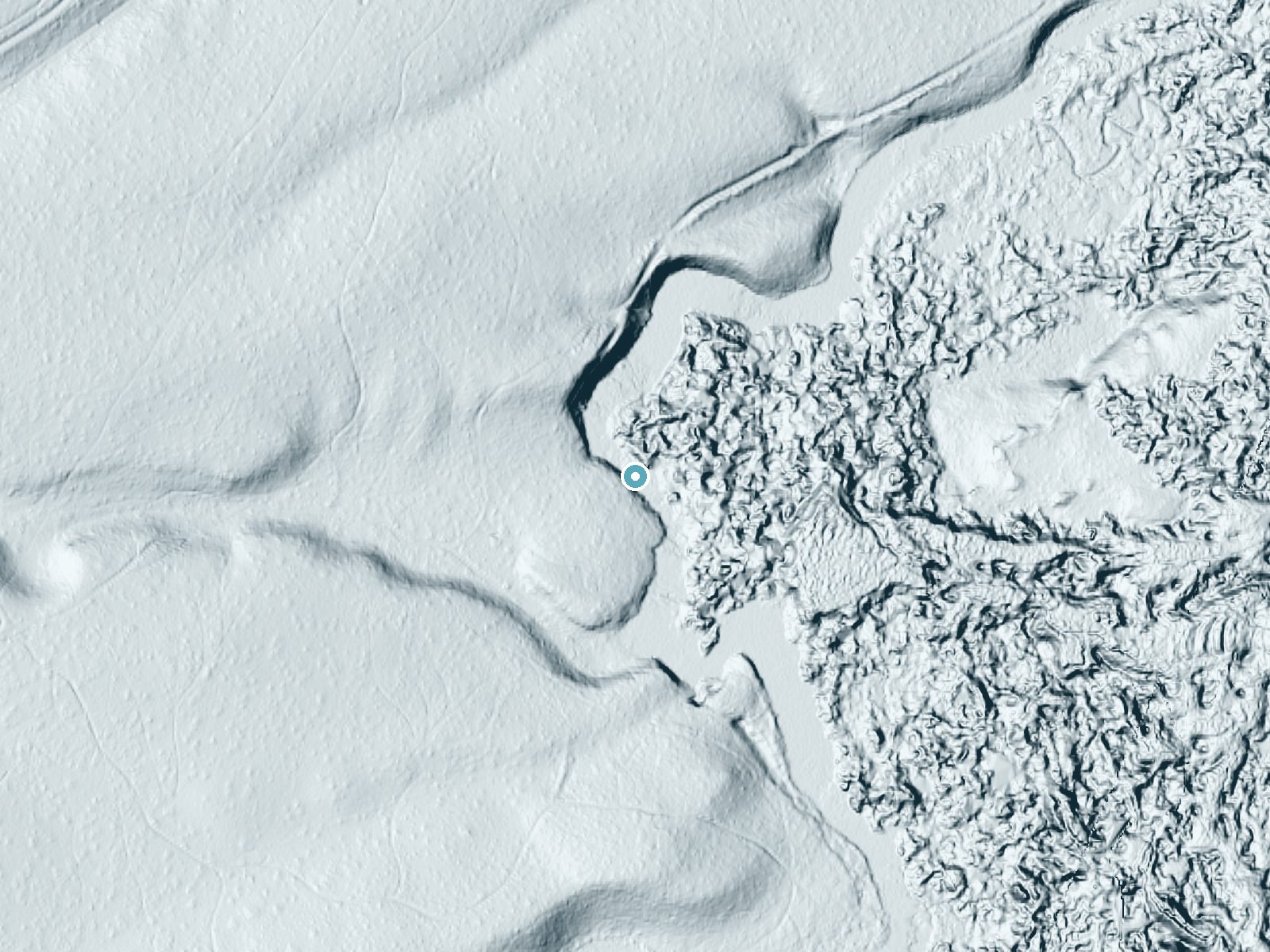 LiDAR bare-earth terrain around Upper Falls Deschutes River near Seventh Mountain, Oregon, showing about 30 feet of drop, a long cascade, facing northeast