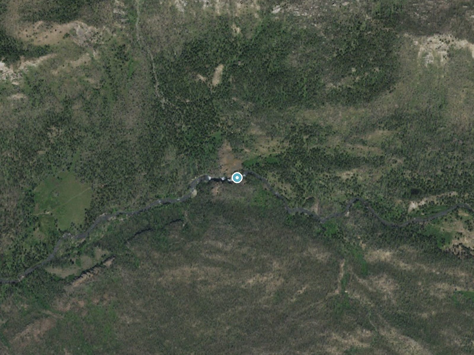 Aerial photo of the same ground around North Fork Falls near Kelly, Wyoming, for comparison with the lidar view