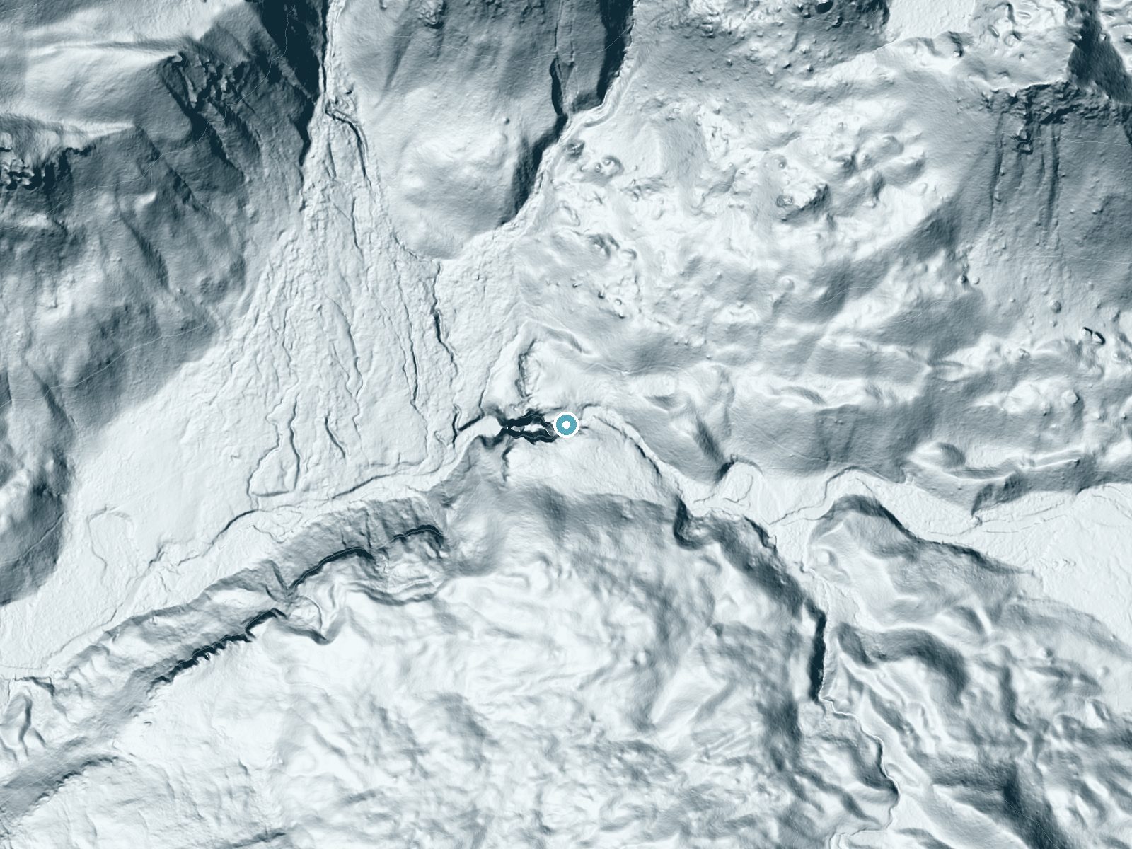 LiDAR bare-earth terrain around North Fork Falls near Kelly, Wyoming, showing about 125 feet of drop, a long cascade, facing west