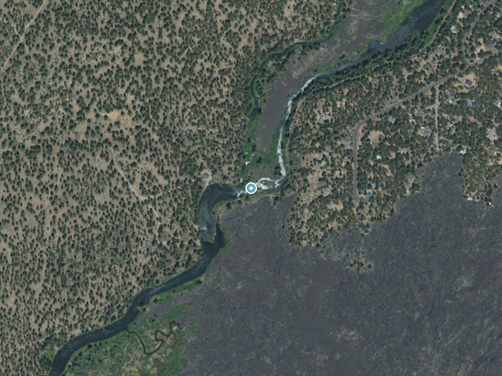 Aerial photo of the same ground around Lava Island Falls near Seventh Mountain, Oregon, for comparison with the lidar view