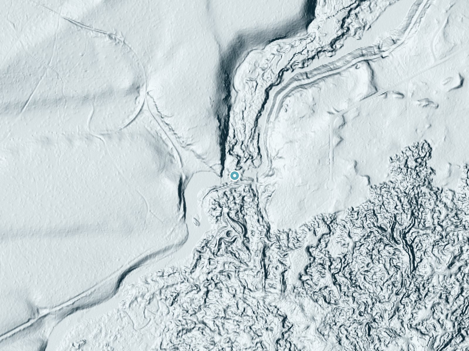 LiDAR bare-earth terrain around Lava Island Falls near Seventh Mountain, Oregon, showing about 46 feet of drop, a long cascade, facing northeast