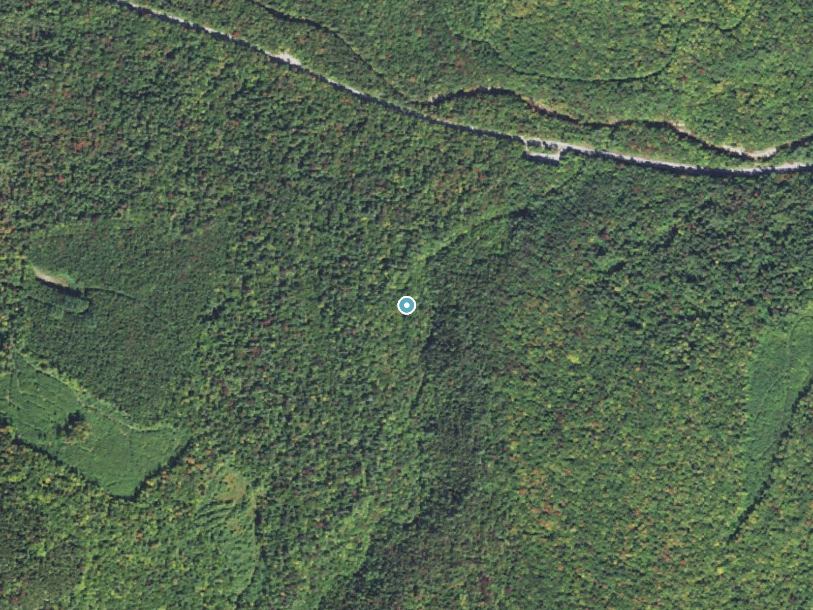 Aerial photo of the same ground around Sabbaday Falls near Center Sandwich, New Hampshire, for comparison with the lidar view