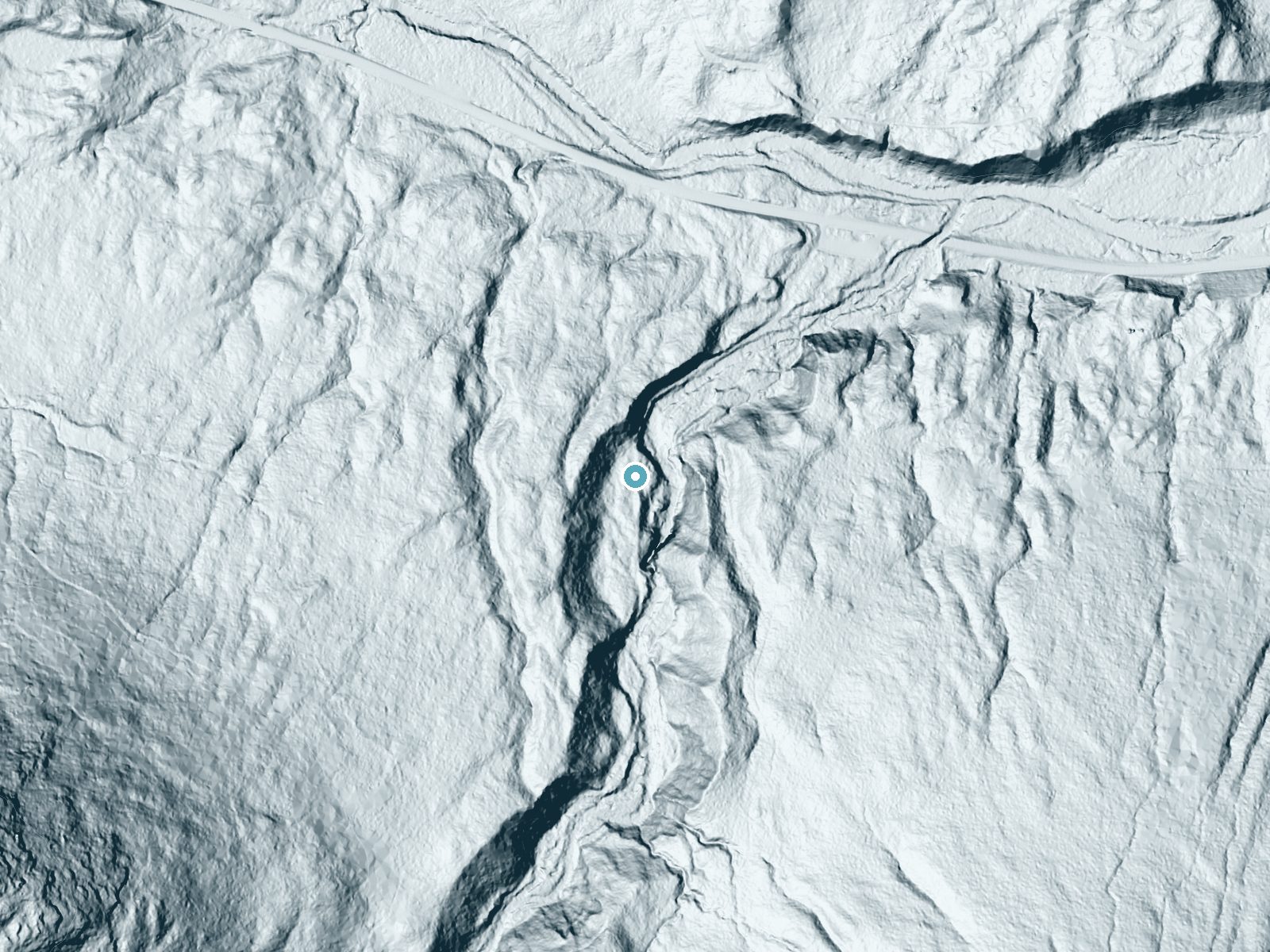 LiDAR bare-earth terrain around Sabbaday Falls near Center Sandwich, New Hampshire, showing about 111 feet of drop, a steep tiered drop, facing east
