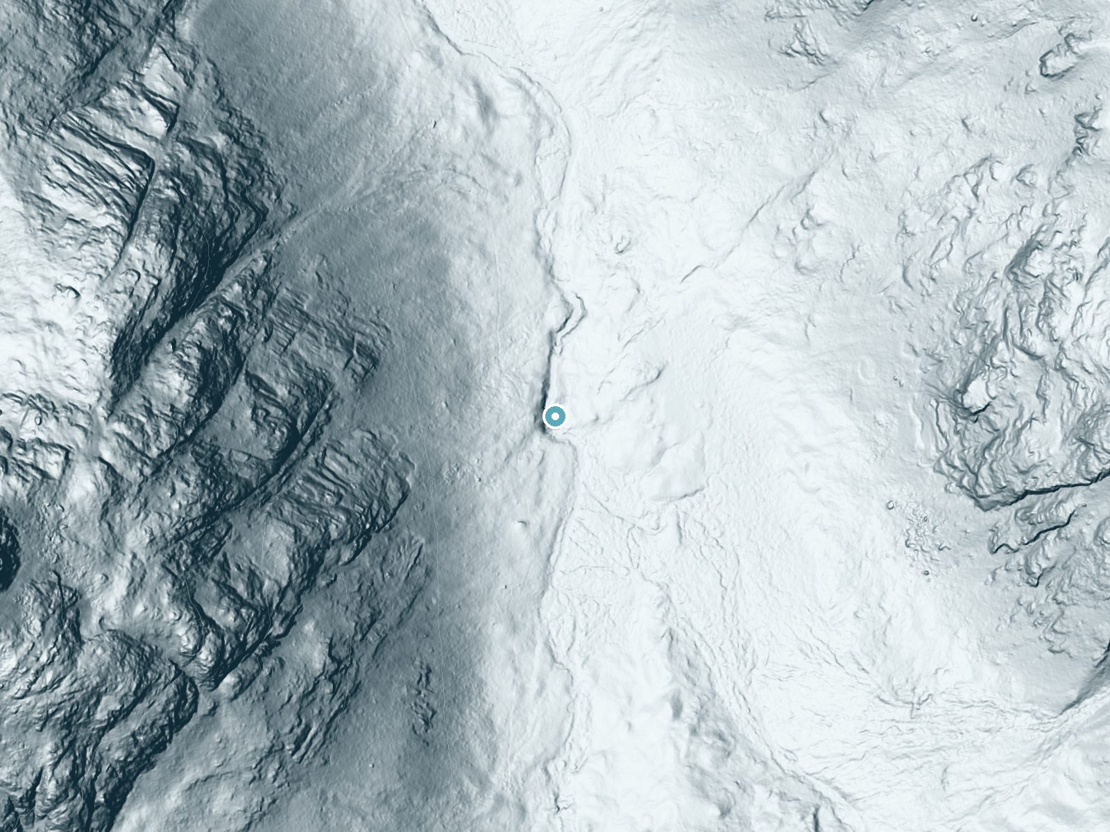 LiDAR bare-earth terrain around Smith Falls near Stanley, Idaho, showing about 77 feet of drop, a long cascade, facing north