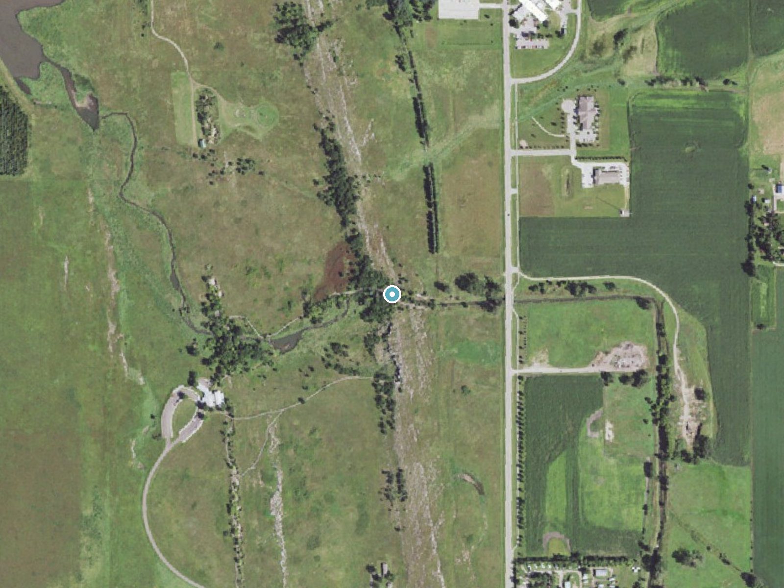 Aerial photo of the same ground around Winnewissa Falls near Pipestone, Minnesota, for comparison with the lidar view