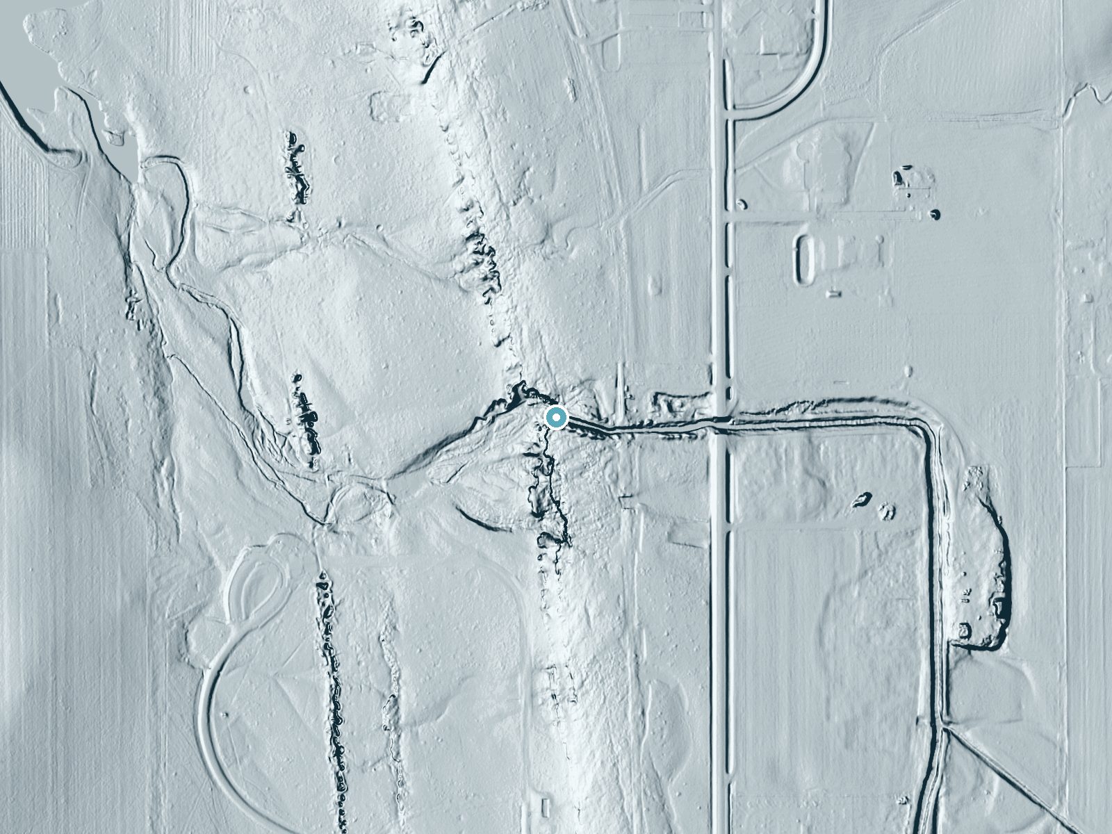 LiDAR bare-earth terrain around Winnewissa Falls near Pipestone, Minnesota, showing about 42 feet of drop, a long cascade, facing west