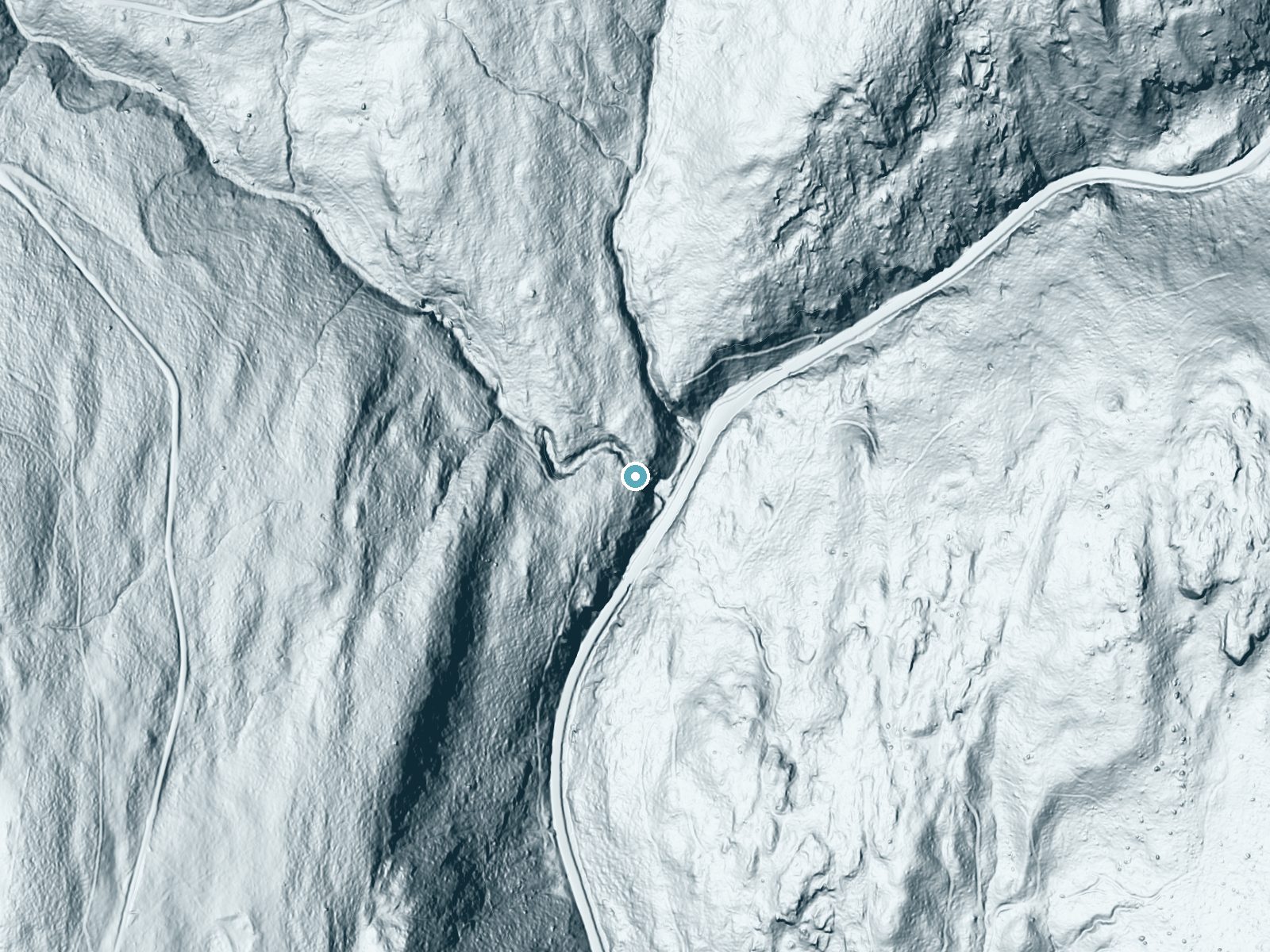 LiDAR bare-earth terrain around Moss Glen Falls near South Lincoln, Vermont, showing about 153 feet of drop, a steep tiered drop, facing southeast