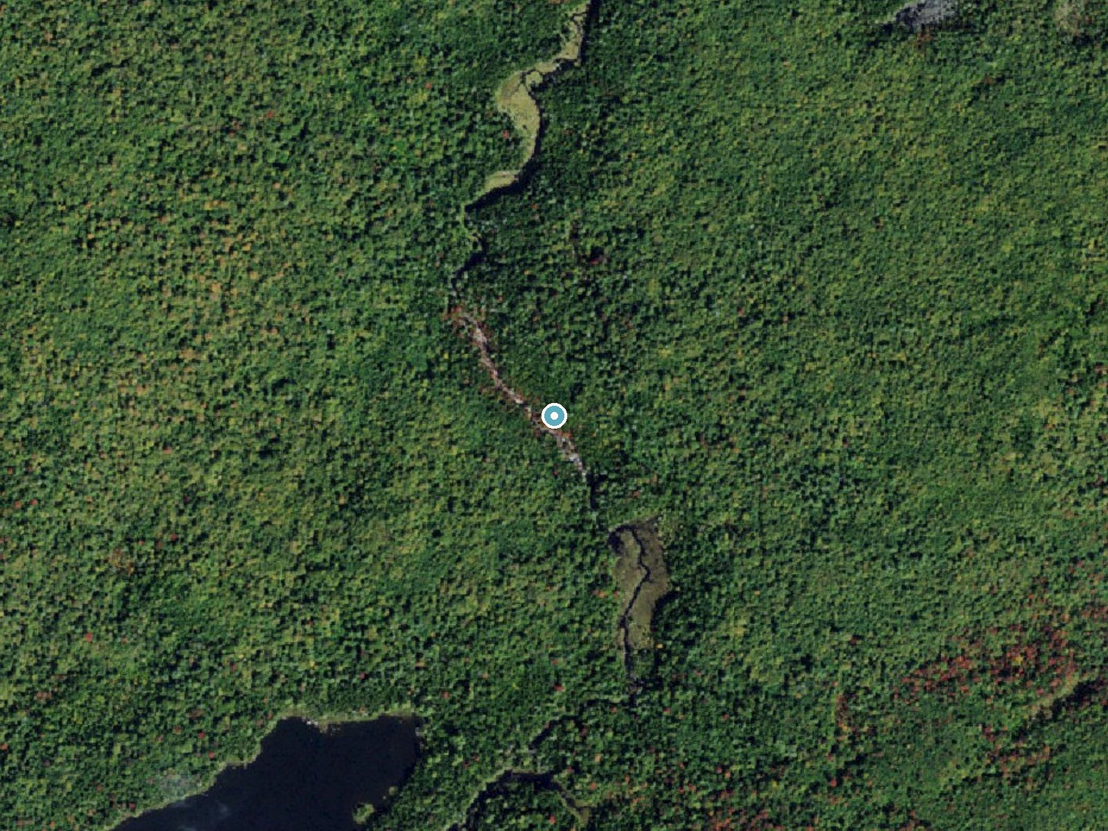 Aerial photo of the same ground around Sliding Falls near Star Lake, New York, for comparison with the lidar view