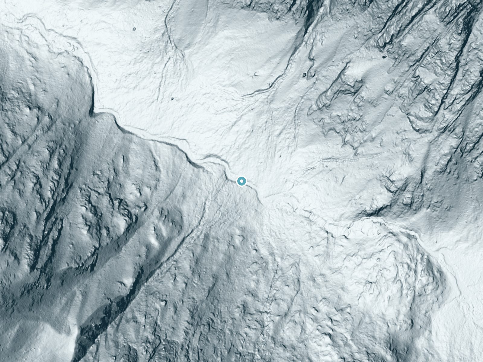 LiDAR bare-earth terrain around Fern Falls near Stanley, Idaho, showing about 62 feet of drop, a long cascade, facing north