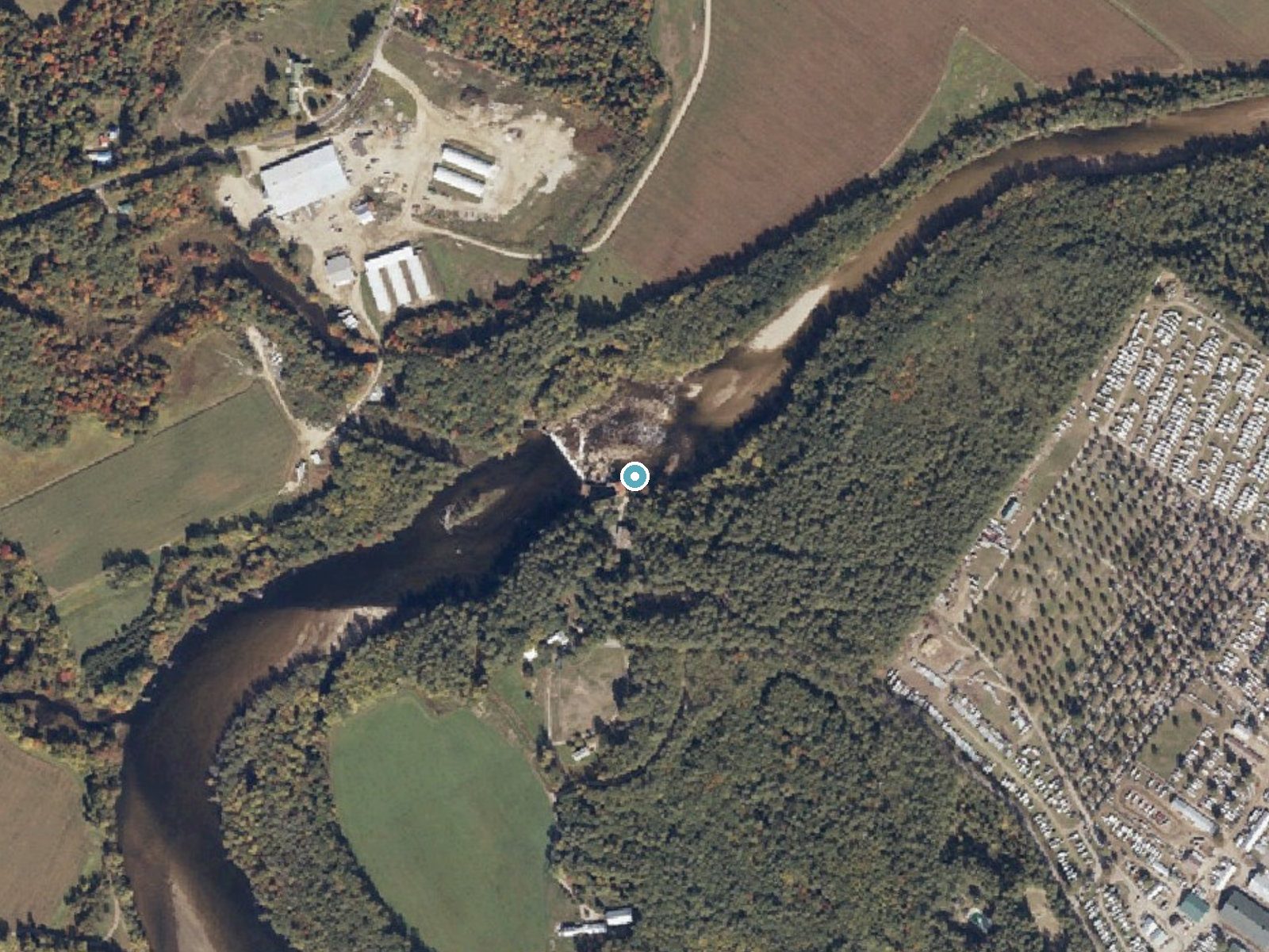 Aerial photo of the same ground around Swans Falls near North Conway, Maine, for comparison with the lidar view