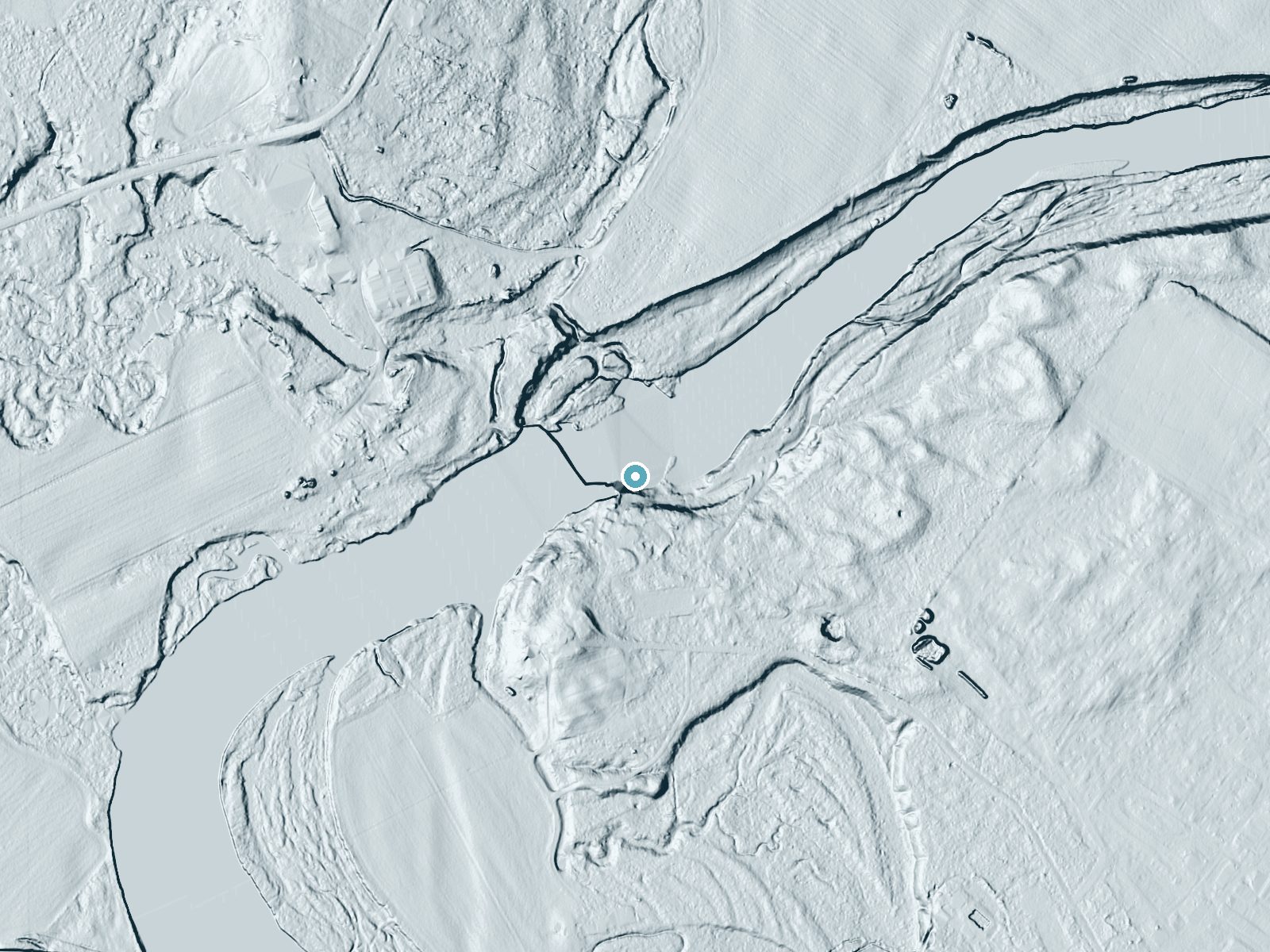 LiDAR bare-earth terrain around Swans Falls near North Conway, Maine, showing about 38 feet of drop, a long cascade, facing north