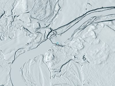 LiDAR terrain view around Swans Falls in Maine, about 38 feet of drop