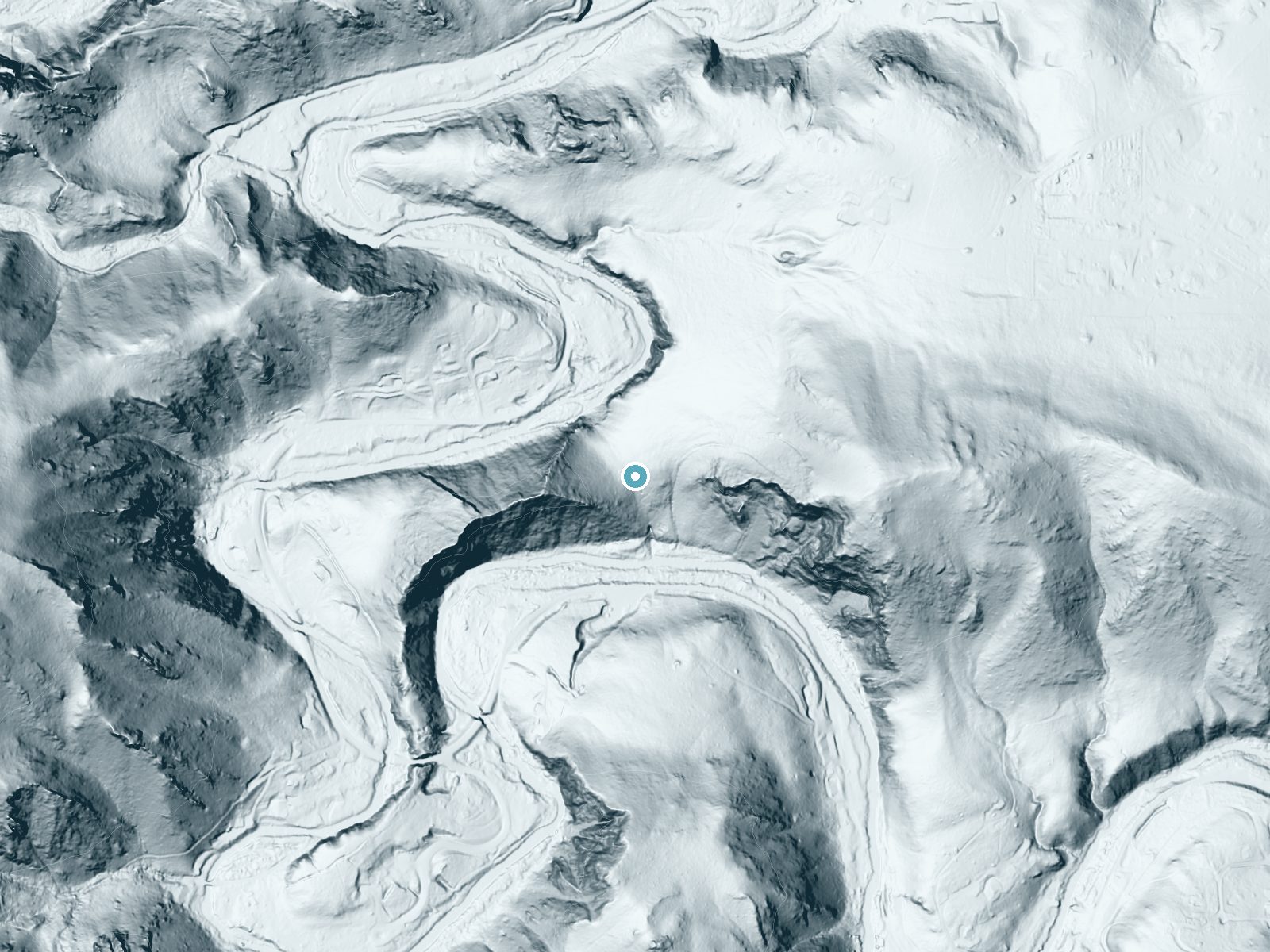 LiDAR bare-earth terrain around Thunderhead Falls near Johnson Siding, South Dakota, showing about 193 feet of drop, a steep tiered drop, facing southeast