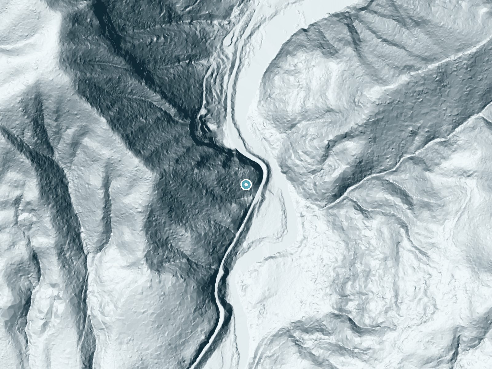 LiDAR bare-earth terrain around The Horn near Mapleton, Oregon, showing about 314 feet of drop, a steep tiered drop, facing east