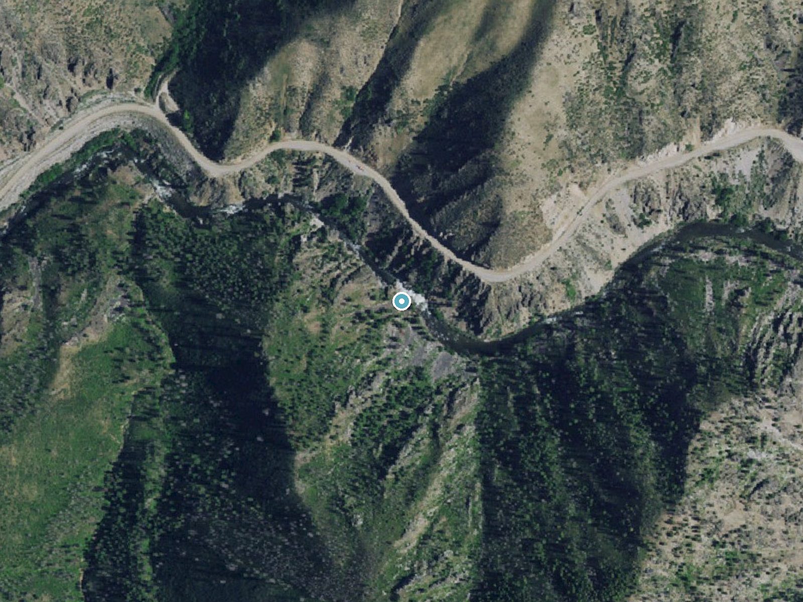 Aerial photo of the same ground around Big Falls near Lowman, Idaho, for comparison with the lidar view