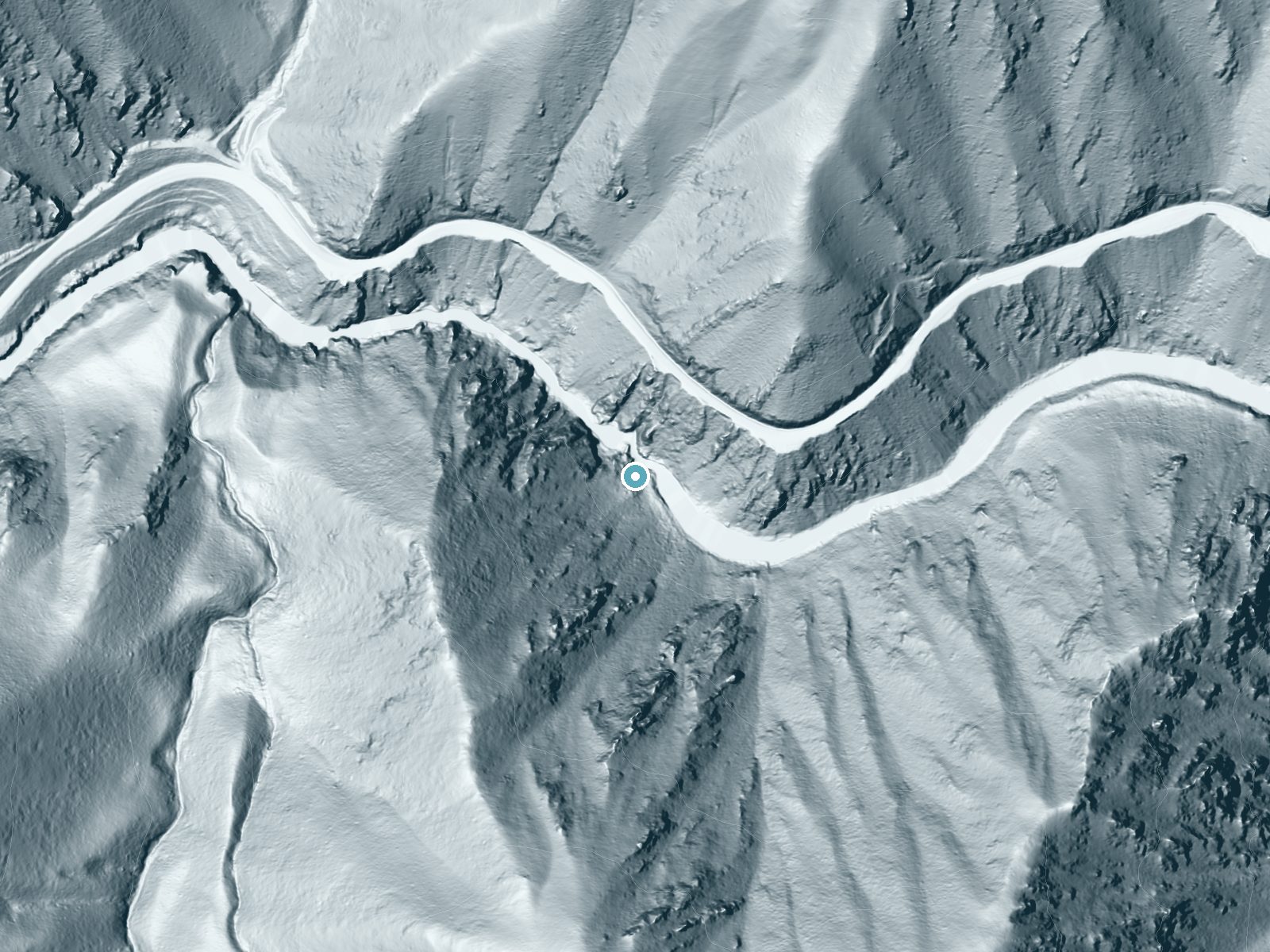 LiDAR bare-earth terrain around Big Falls near Lowman, Idaho, showing about 185 feet of drop, a steep tiered drop, facing northeast