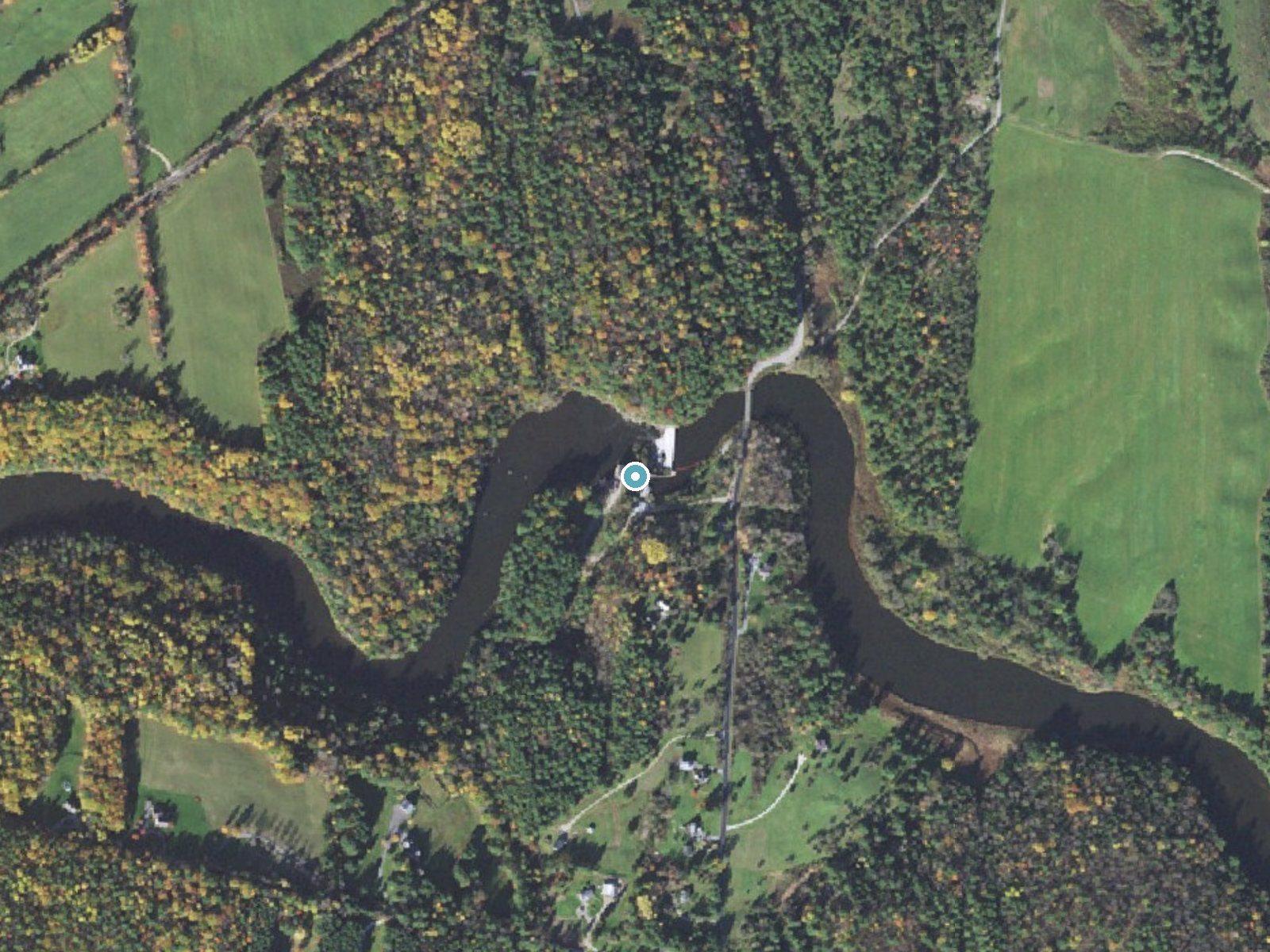 Aerial photo of the same ground around Huntington Falls near New Haven, Vermont, for comparison with the lidar view
