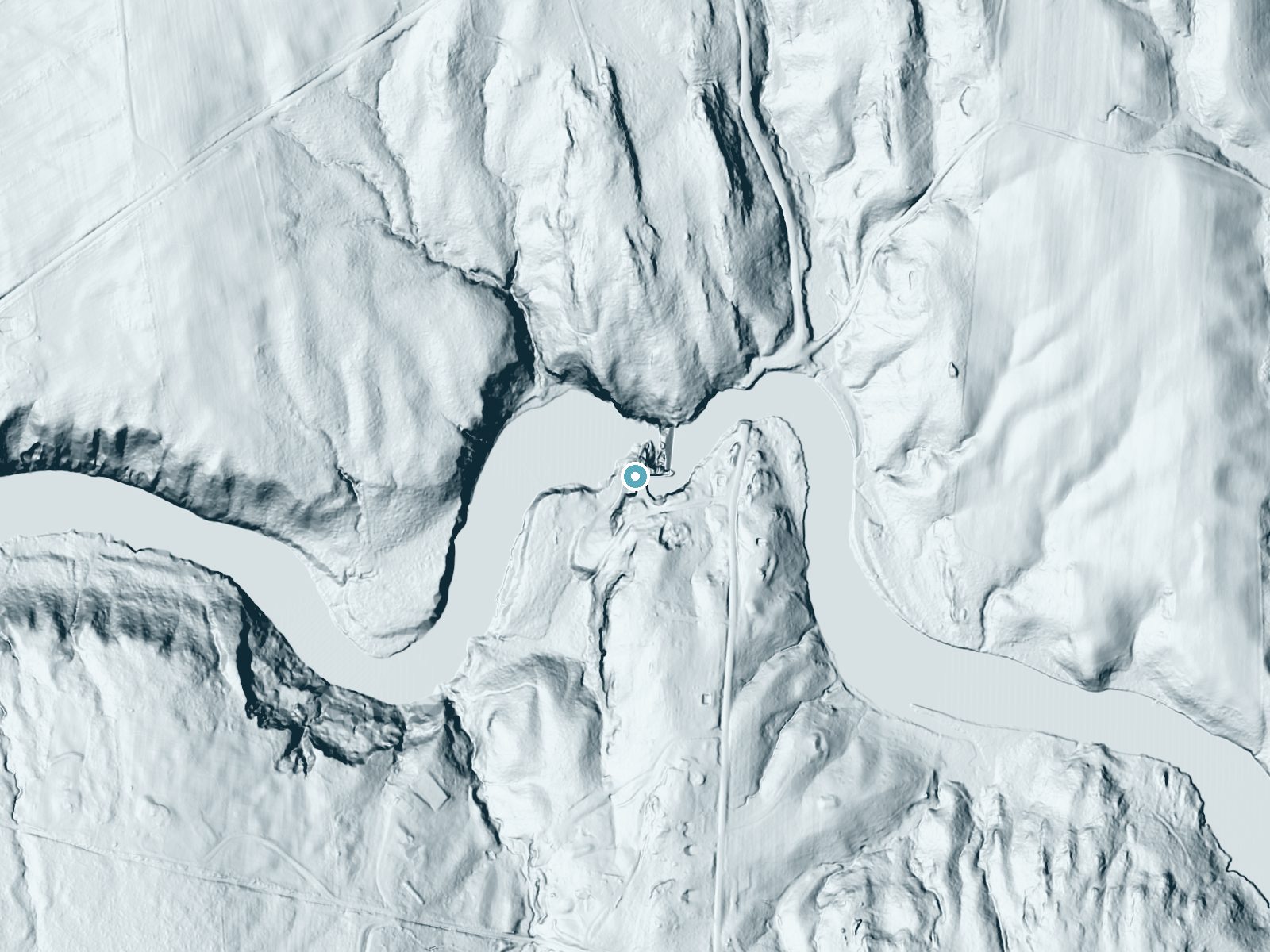 LiDAR bare-earth terrain around Huntington Falls near New Haven, Vermont, showing about 79 feet of drop, a steep tiered drop, facing northwest