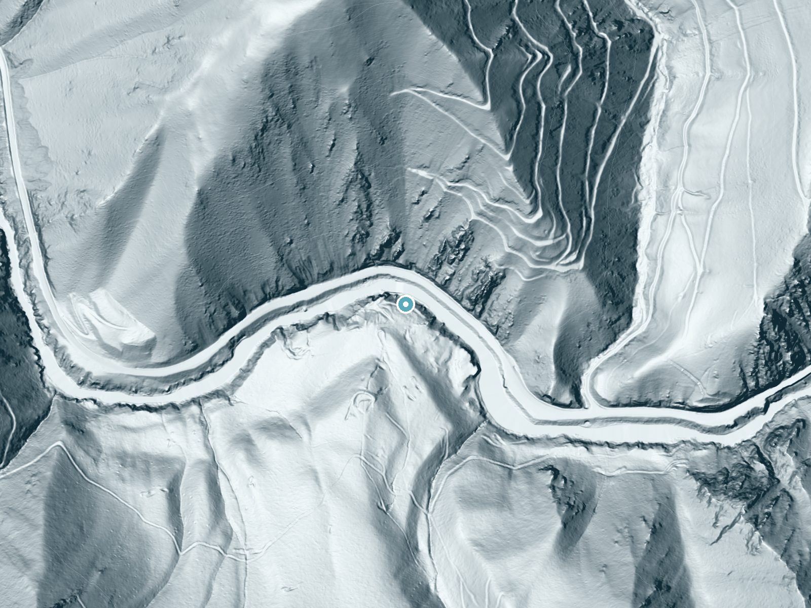 LiDAR bare-earth terrain around Little Falls near Lowman, Idaho, showing about 115 feet of drop, a steep tiered drop, facing north