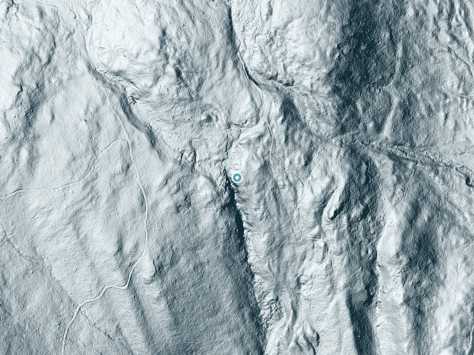 LiDAR bare-earth terrain around Georgiana Falls near North Woodstock, New Hampshire, showing about 138 feet of drop, a steep tiered drop, facing south