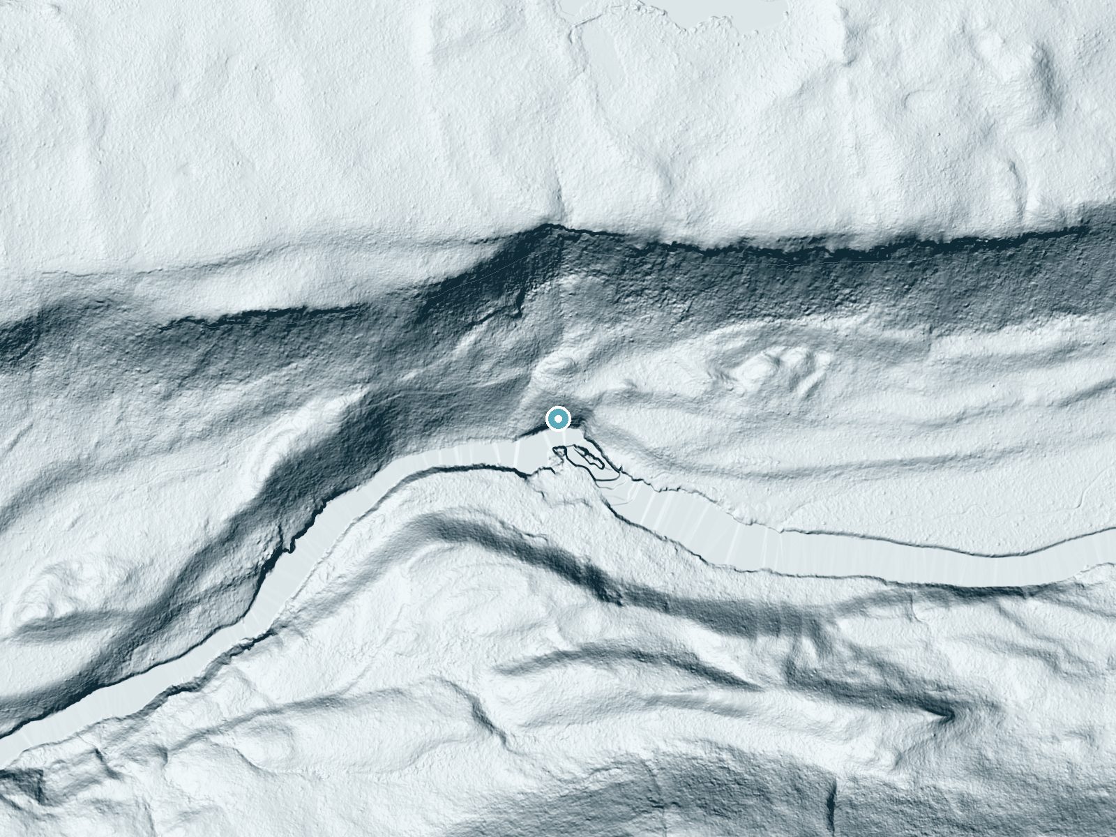 LiDAR bare-earth terrain around Sheep Falls near Drummond, Idaho, showing about 139 feet of drop, a steep tiered drop, facing south