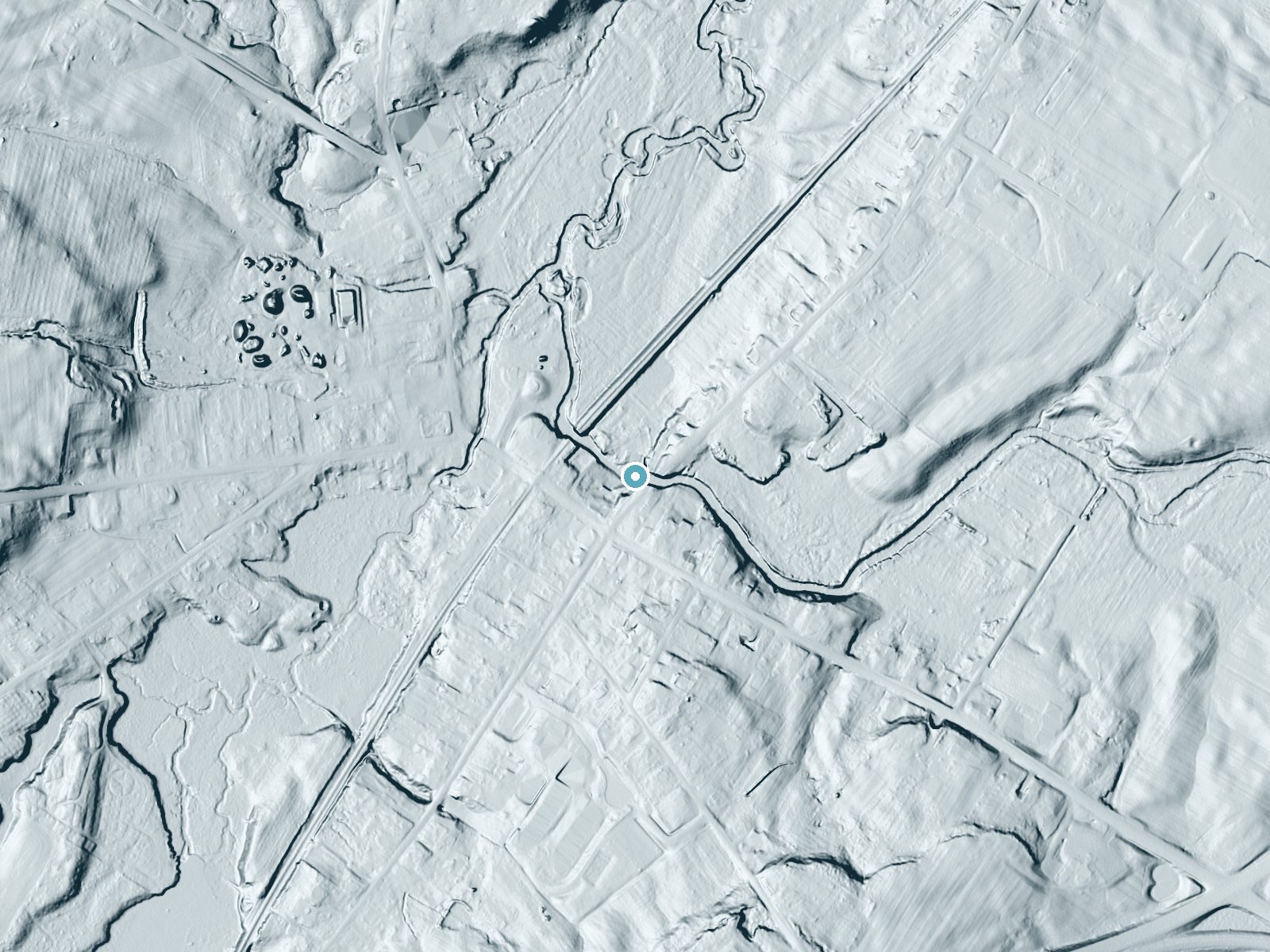 LiDAR bare-earth terrain around Pleasant Creek Falls near Evans Mills, New York, showing about 33 feet of drop, a long cascade, facing northwest