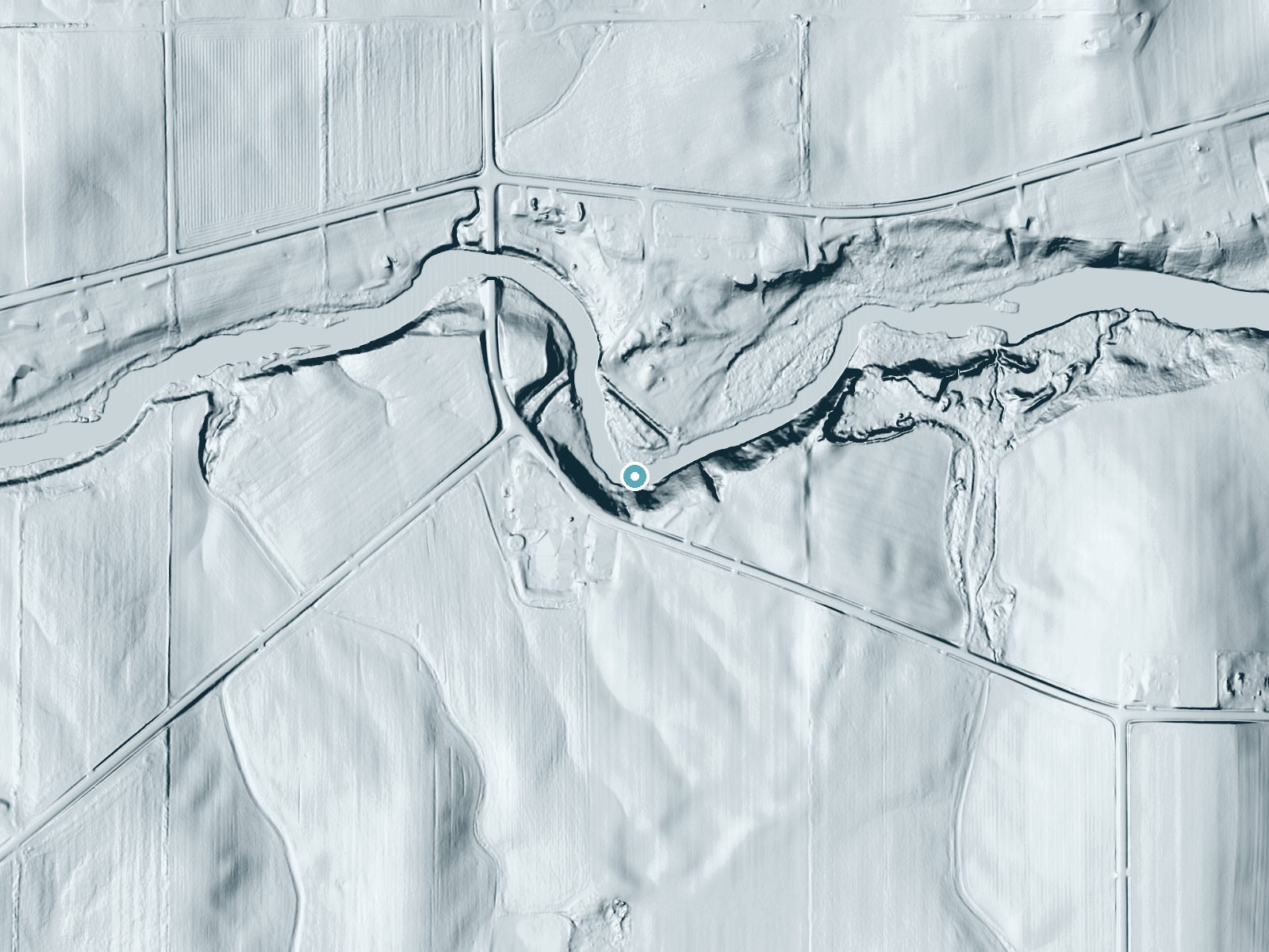 LiDAR bare-earth terrain around Cato Falls near Clarks Mills, Wisconsin, showing about 64 feet of drop, a long cascade, facing north
