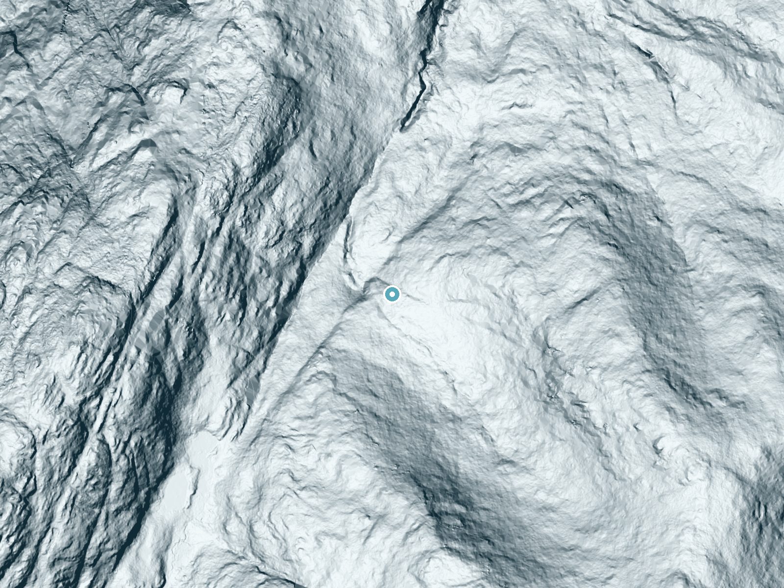 LiDAR bare-earth terrain around Fairy Ladder Falls near Mineville, New York, showing about 207 feet of drop, a steep tiered drop, facing northwest