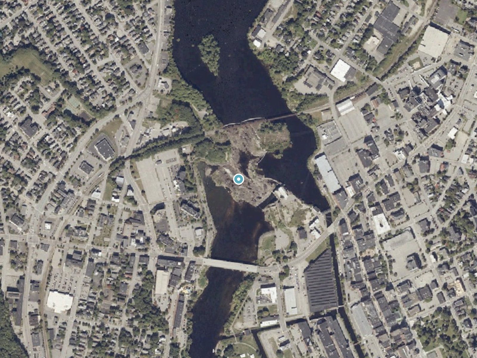 Aerial photo of the same ground around Great Falls near Auburn, Maine, for comparison with the lidar view