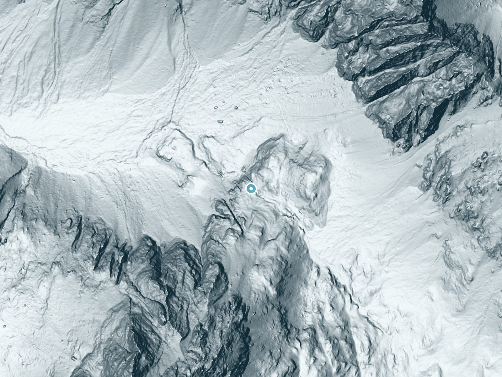 LiDAR bare-earth terrain around Baron Creek Falls near Stanley, Idaho, showing about 356 feet of drop, a single sheer drop, facing northwest