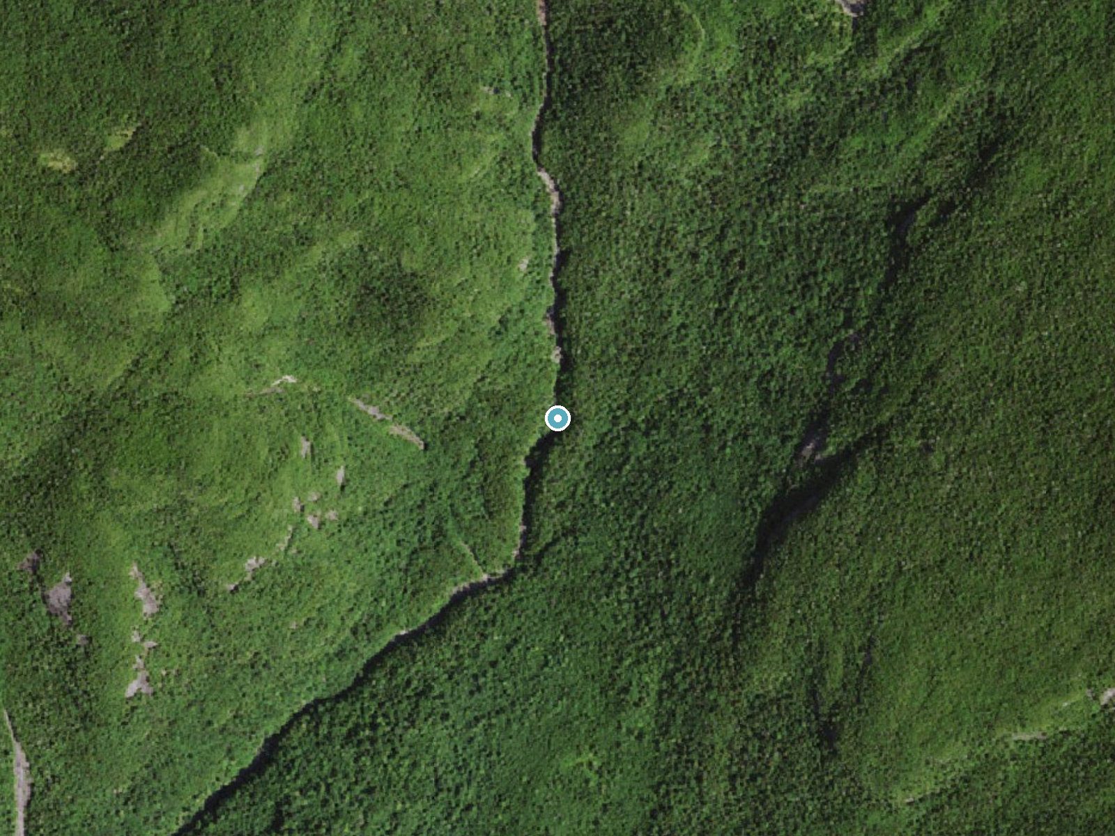 Aerial photo of the same ground around Hanging Spear Falls near Lake Placid, New York, for comparison with the lidar view