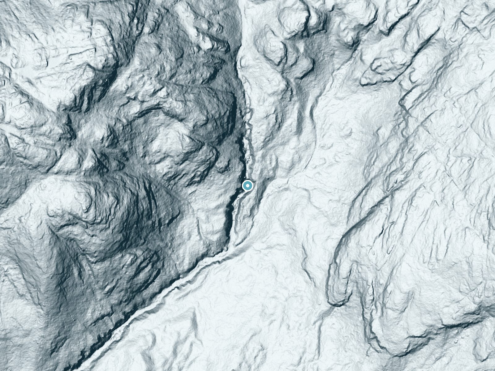 LiDAR bare-earth terrain around Hanging Spear Falls near Lake Placid, New York, showing about 213 feet of drop, a steep tiered drop, facing south