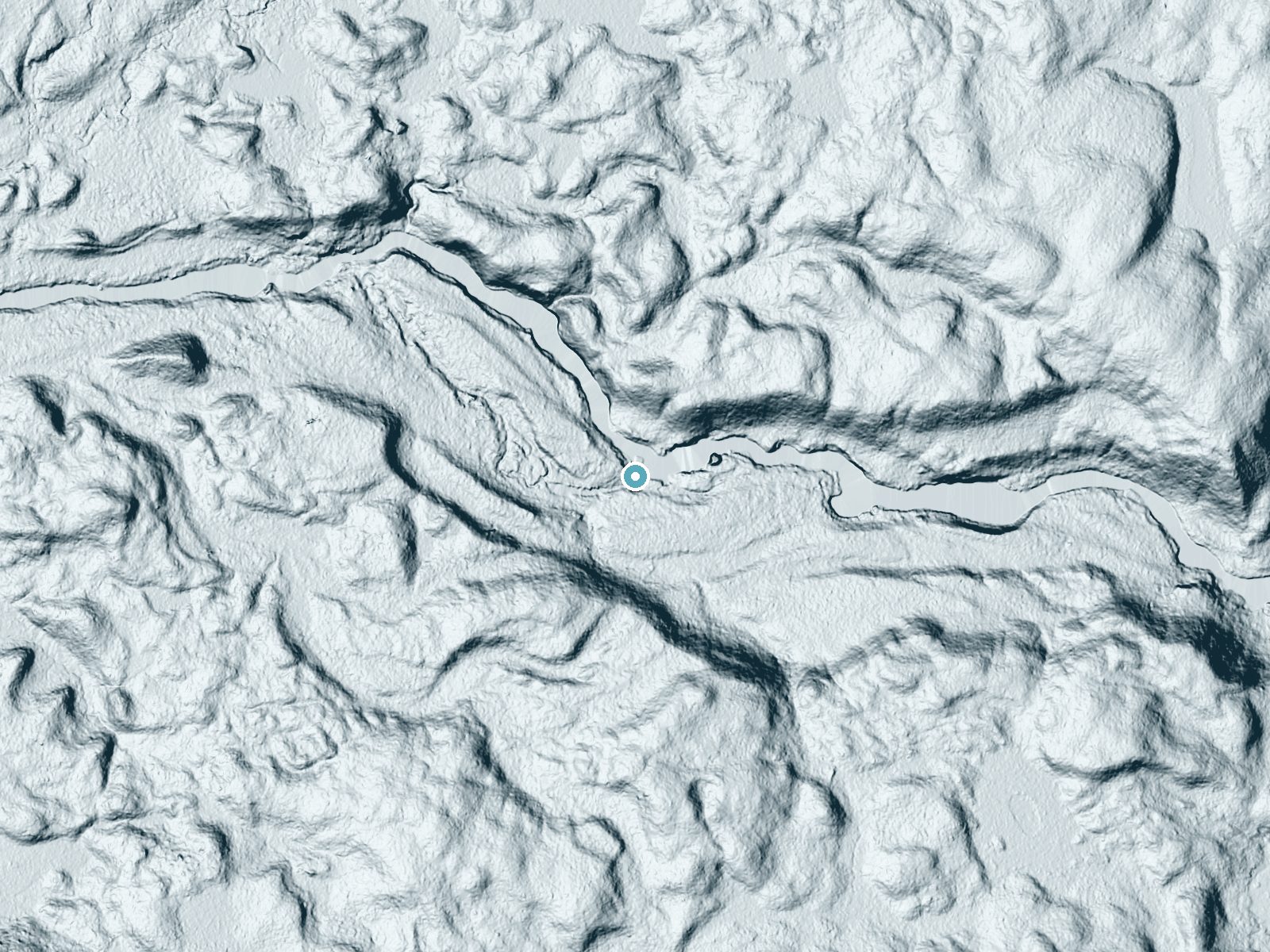LiDAR bare-earth terrain around Millers Falls near Saranac Lake, New York, showing about 27 feet of drop