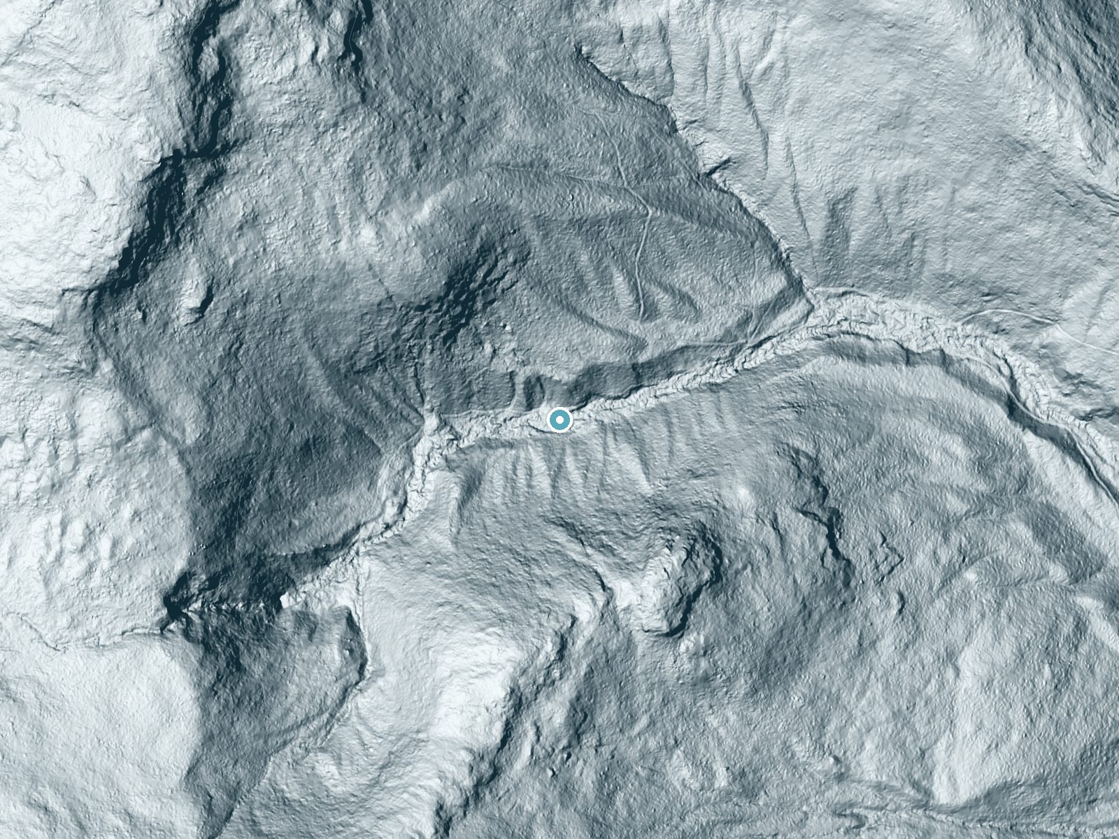 LiDAR bare-earth terrain around Nancy Cascades near North Conway, New Hampshire, showing about 162 feet of drop, a long cascade, facing east