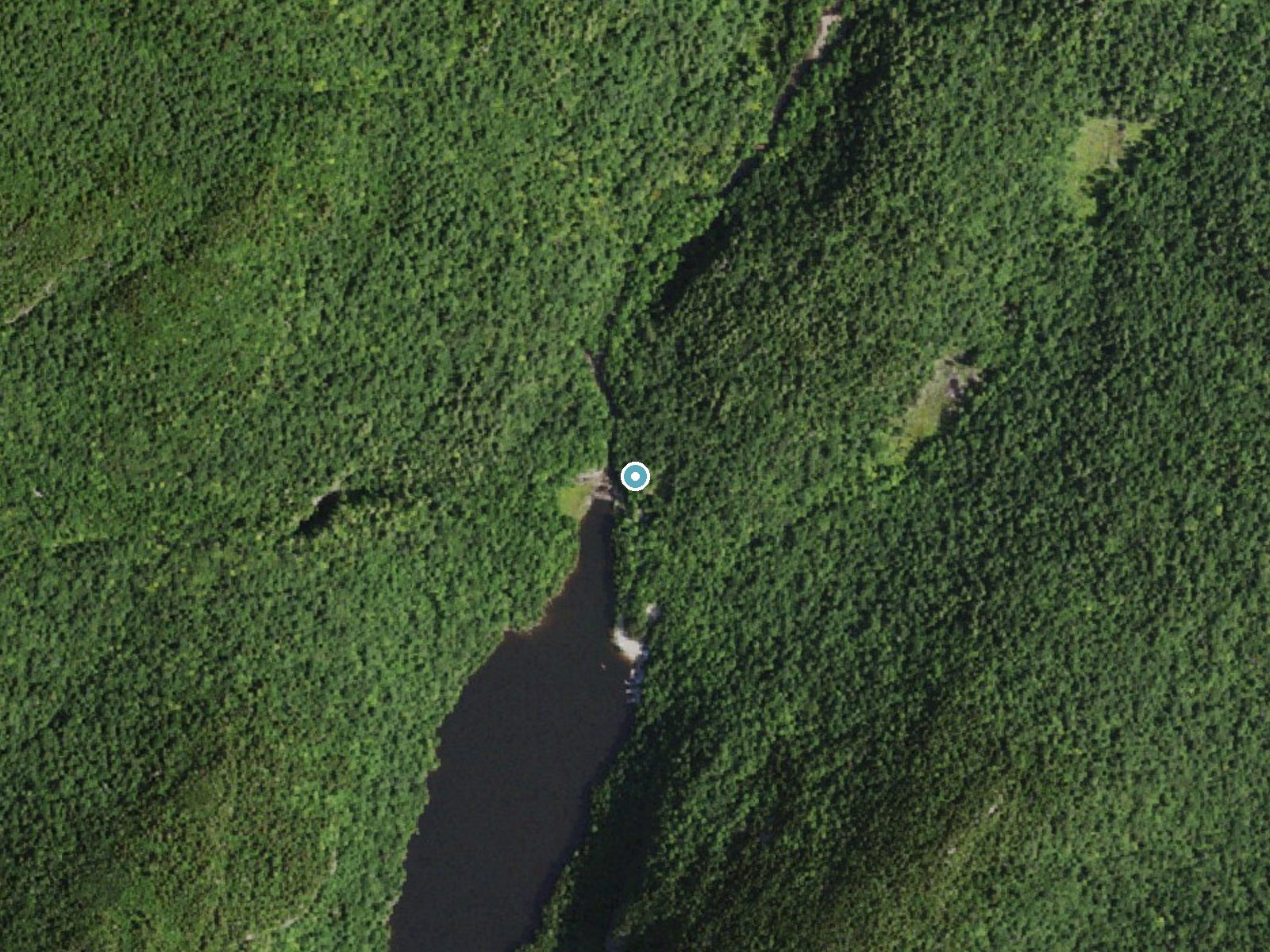 Aerial photo of the same ground around Rainbow Falls near Mineville, New York, for comparison with the lidar view