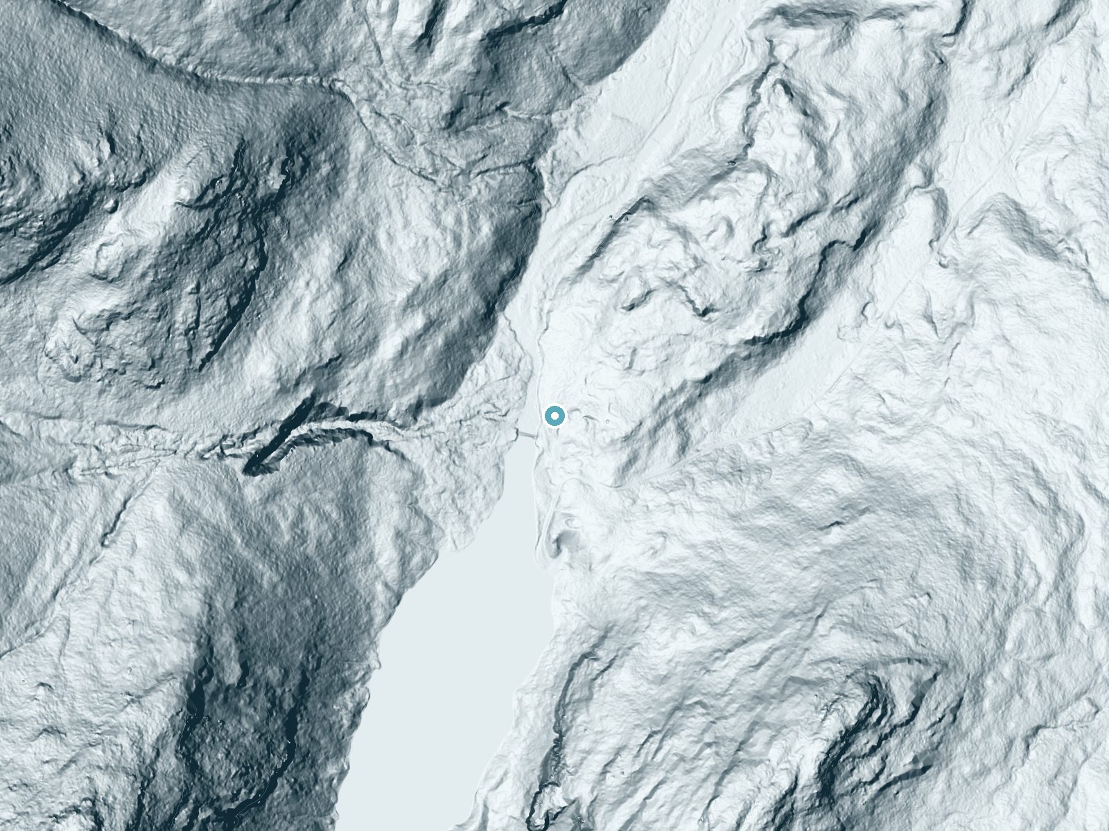 LiDAR bare-earth terrain around Rainbow Falls near Mineville, New York, showing about 110 feet of drop, a long cascade, facing west