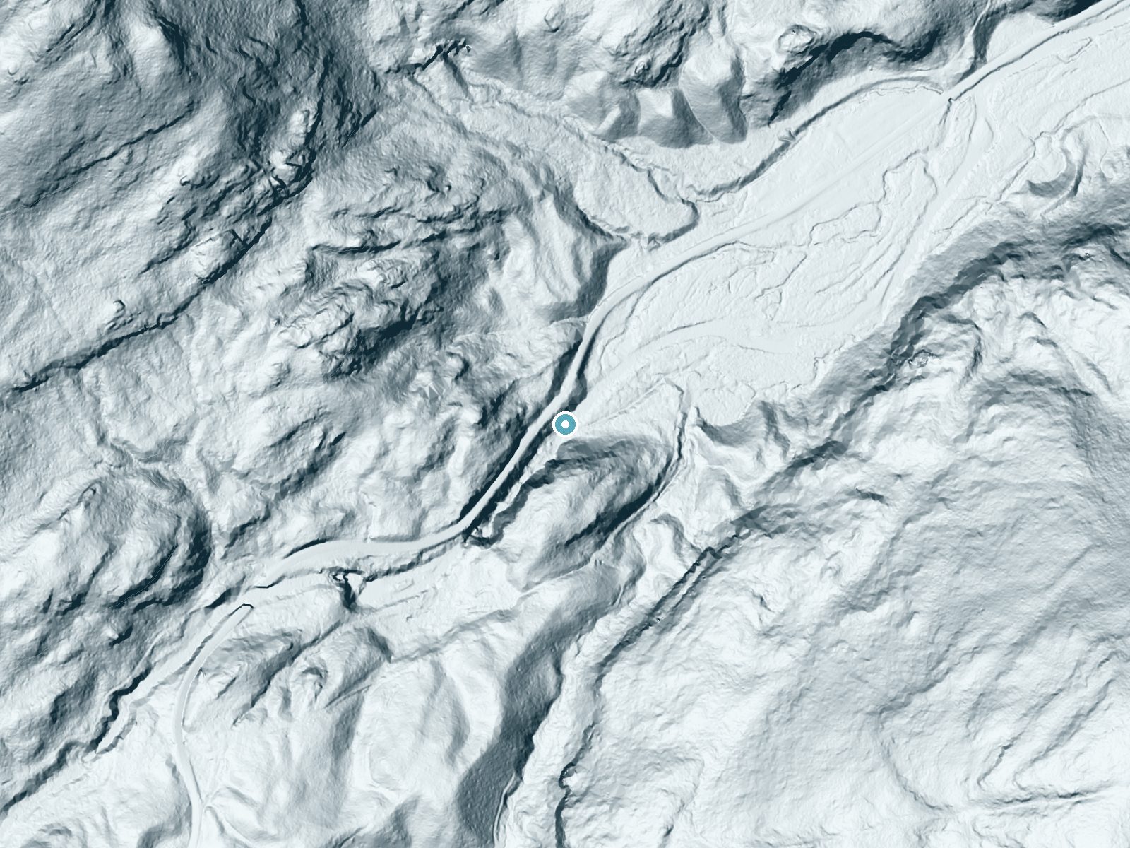 LiDAR bare-earth terrain around Split Rock Falls near Mineville, New York, showing about 160 feet of drop, a long cascade, facing northeast