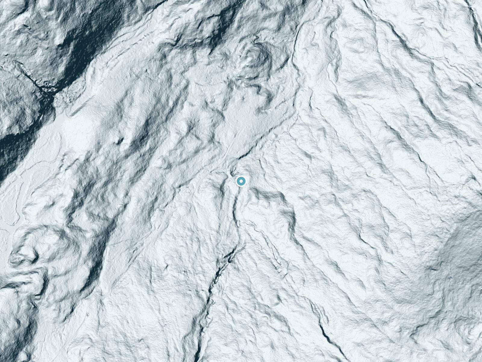 LiDAR bare-earth terrain around Artists Falls near Mineville, New York, showing about 87 feet of drop, a long cascade, facing north