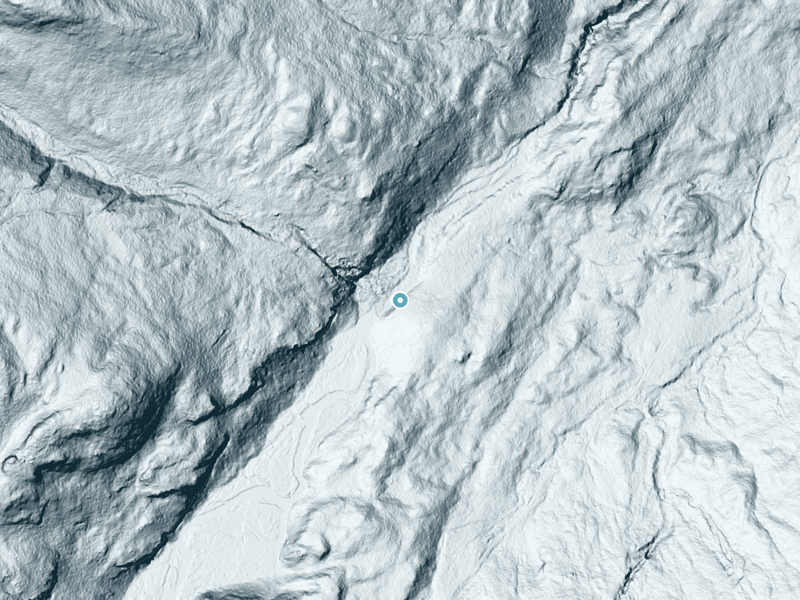 LiDAR bare-earth terrain around Beaver Meadows Falls near Mineville, New York, showing about 65 feet of drop, a long cascade, facing north