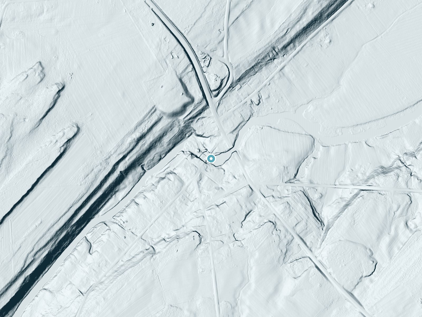 LiDAR bare-earth terrain around Catfish Falls near Depauville, New York, showing about 33 feet of drop, a long cascade, facing north