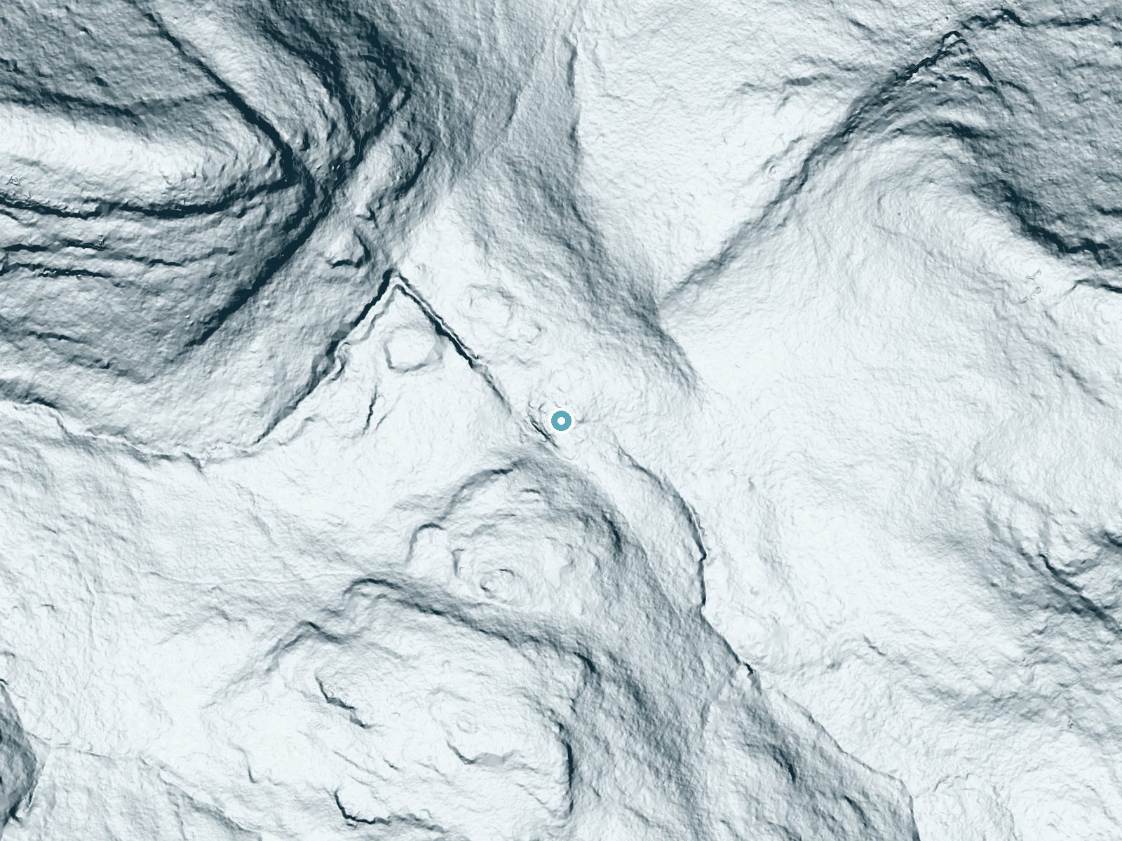 LiDAR bare-earth terrain around Indian Falls near Lake Placid, New York, showing about 87 feet of drop, a steep tiered drop, facing west