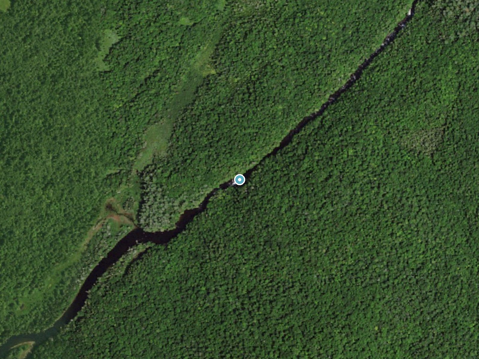 Aerial photo of the same ground around Upper Falls near Saranac Lake, New York, for comparison with the lidar view