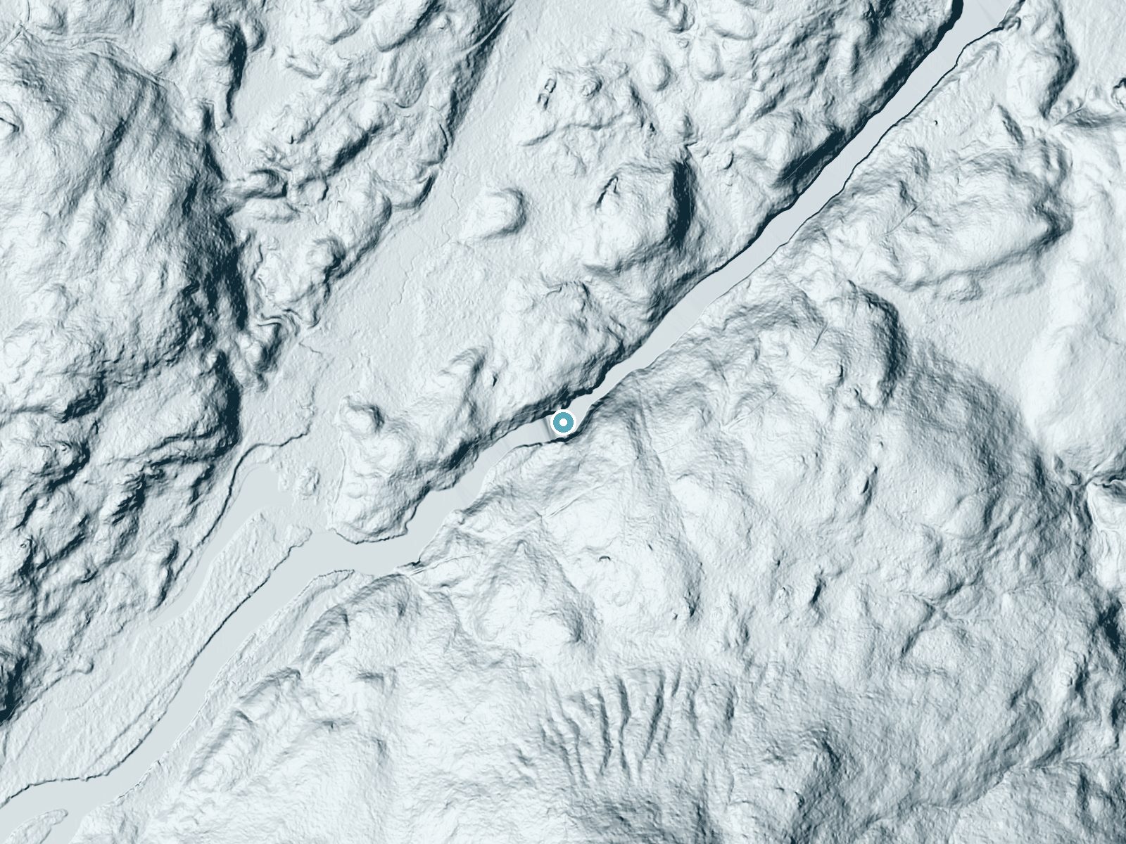 LiDAR bare-earth terrain around Upper Falls near Saranac Lake, New York, showing about 106 feet of drop, a steep tiered drop, facing northwest